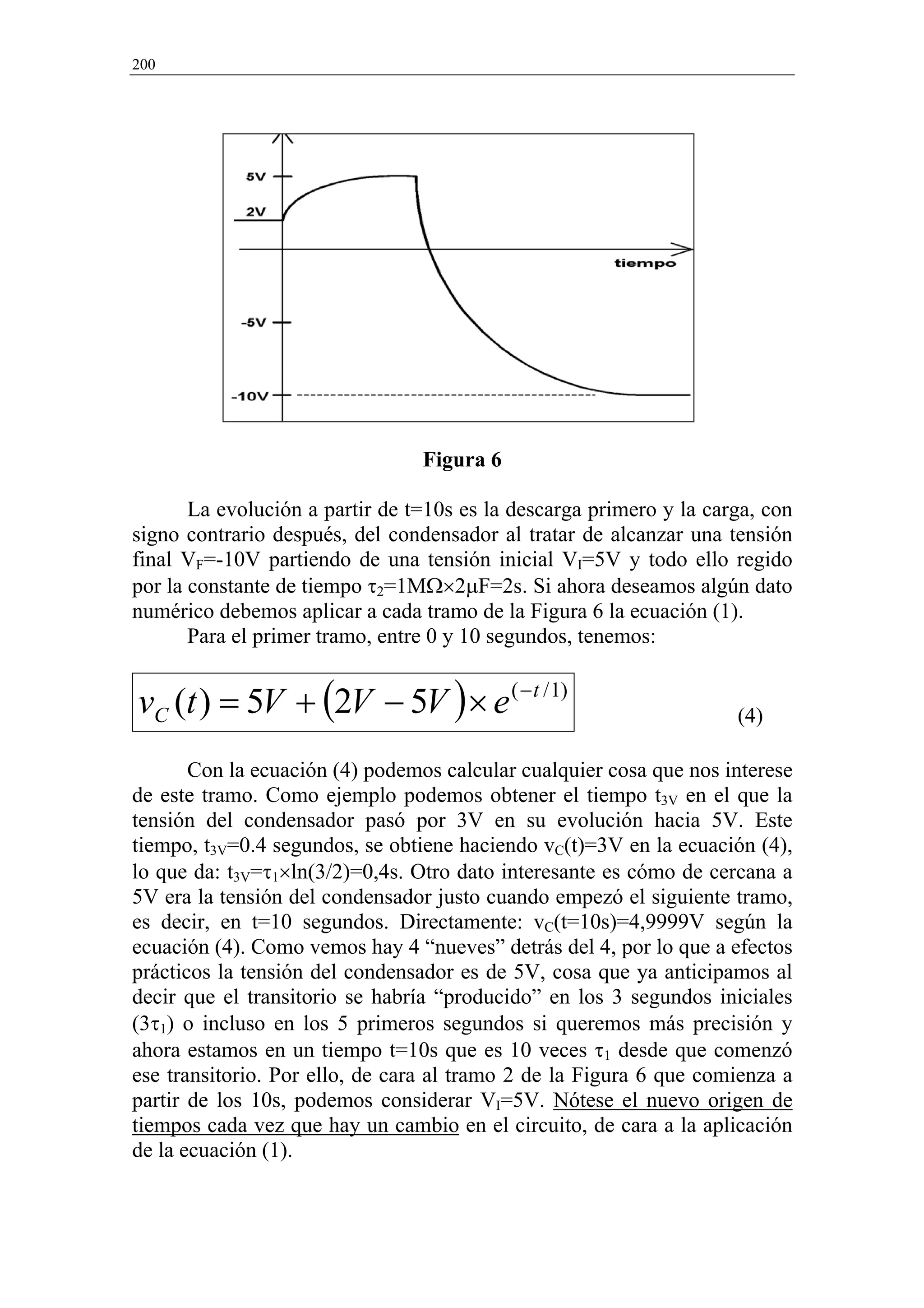 200




                                 Figura 6

       La evolución a partir de t=10s es la descarga primero y la carga, con
signo contrario después, del condensador al tratar de alcanzar una tensión
final VF=-10V partiendo de una tensión inicial VI=5V y todo ello regido
por la constante de tiempo τ2=1MΩ×2µF=2s. Si ahora deseamos algún dato
numérico debemos aplicar a cada tramo de la Figura 6 la ecuación (1).
       Para el primer tramo, entre 0 y 10 segundos, tenemos:


vC (t ) = 5V + (2V − 5V ) × e ( − t / 1)                             (4)

       Con la ecuación (4) podemos calcular cualquier cosa que nos interese
de este tramo. Como ejemplo podemos obtener el tiempo t3V en el que la
tensión del condensador pasó por 3V en su evolución hacia 5V. Este
tiempo, t3V=0.4 segundos, se obtiene haciendo vC(t)=3V en la ecuación (4),
lo que da: t3V=τ1×ln(3/2)=0,4s. Otro dato interesante es cómo de cercana a
5V era la tensión del condensador justo cuando empezó el siguiente tramo,
es decir, en t=10 segundos. Directamente: vC(t=10s)=4,9999V según la
ecuación (4). Como vemos hay 4 “nueves” detrás del 4, por lo que a efectos
prácticos la tensión del condensador es de 5V, cosa que ya anticipamos al
decir que el transitorio se habría “producido” en los 3 segundos iniciales
(3τ1) o incluso en los 5 primeros segundos si queremos más precisión y
ahora estamos en un tiempo t=10s que es 10 veces τ1 desde que comenzó
ese transitorio. Por ello, de cara al tramo 2 de la Figura 6 que comienza a
partir de los 10s, podemos considerar VI=5V. Nótese el nuevo origen de
tiempos cada vez que hay un cambio en el circuito, de cara a la aplicación
de la ecuación (1).
 