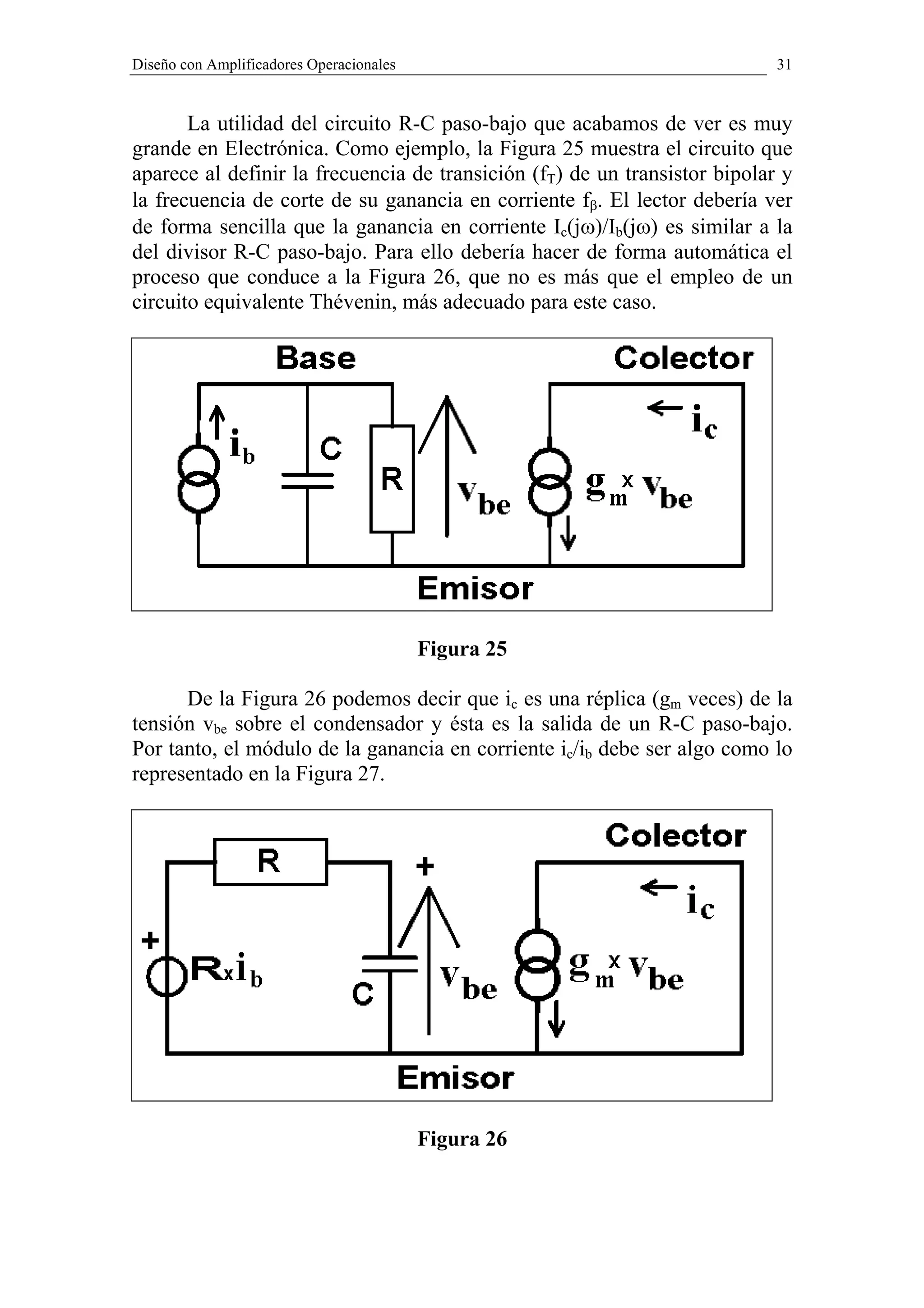 Diseño con Amplificadores Operacionales                                     31


       La utilidad del circuito R-C paso-bajo que acabamos de ver es muy
grande en Electrónica. Como ejemplo, la Figura 25 muestra el circuito que
aparece al definir la frecuencia de transición (fT) de un transistor bipolar y
la frecuencia de corte de su ganancia en corriente fβ. El lector debería ver
de forma sencilla que la ganancia en corriente Ic(jω)/Ib(jω) es similar a la
del divisor R-C paso-bajo. Para ello debería hacer de forma automática el
proceso que conduce a la Figura 26, que no es más que el empleo de un
circuito equivalente Thévenin, más adecuado para este caso.




                                          Figura 25

      De la Figura 26 podemos decir que ic es una réplica (gm veces) de la
tensión vbe sobre el condensador y ésta es la salida de un R-C paso-bajo.
Por tanto, el módulo de la ganancia en corriente ic/ib debe ser algo como lo
representado en la Figura 27.




                                          Figura 26
 