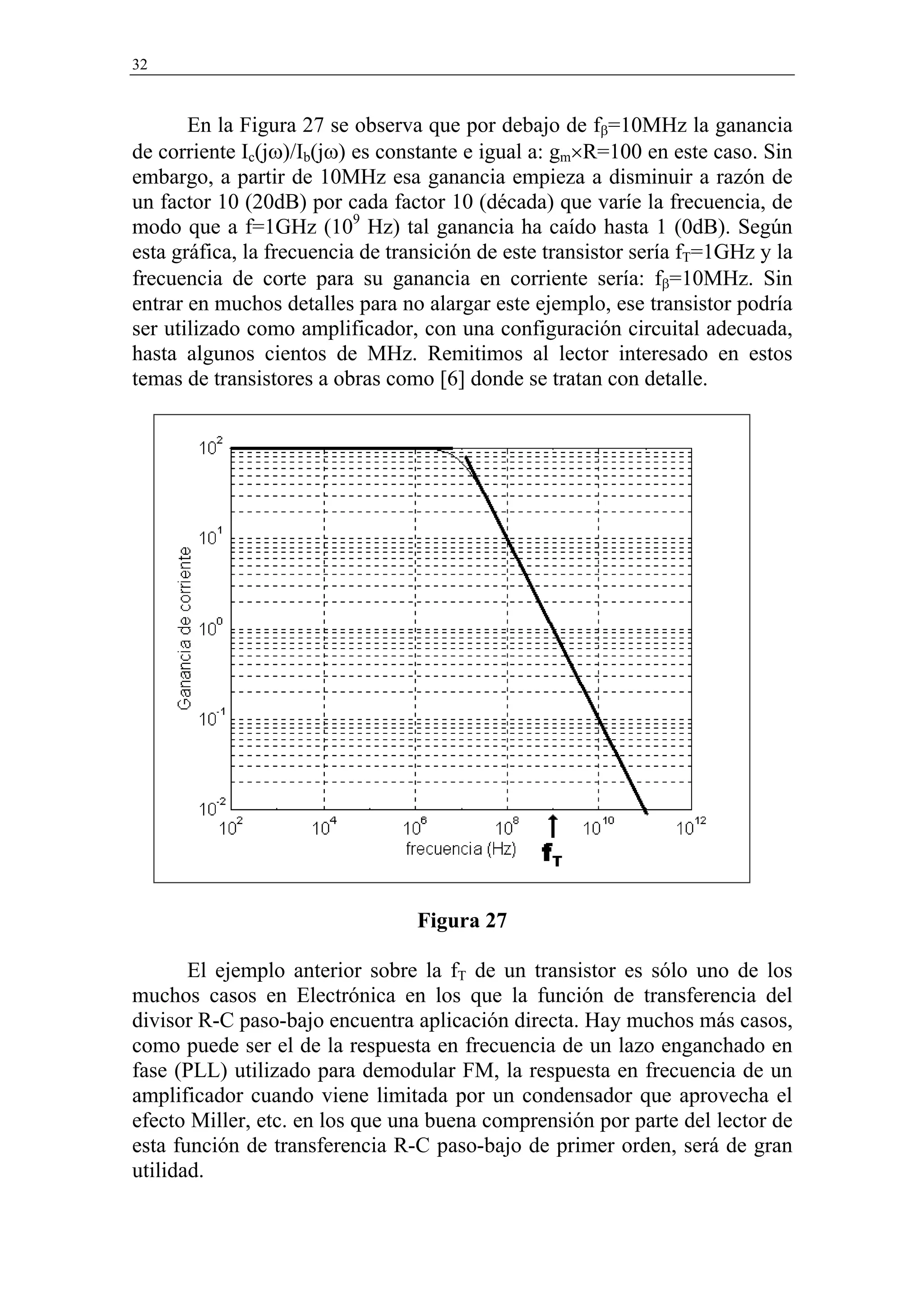 32



       En la Figura 27 se observa que por debajo de fβ=10MHz la ganancia
de corriente Ic(jω)/Ib(jω) es constante e igual a: gm×R=100 en este caso. Sin
embargo, a partir de 10MHz esa ganancia empieza a disminuir a razón de
un factor 10 (20dB) por cada factor 10 (década) que varíe la frecuencia, de
modo que a f=1GHz (109 Hz) tal ganancia ha caído hasta 1 (0dB). Según
esta gráfica, la frecuencia de transición de este transistor sería fT=1GHz y la
frecuencia de corte para su ganancia en corriente sería: fβ=10MHz. Sin
entrar en muchos detalles para no alargar este ejemplo, ese transistor podría
ser utilizado como amplificador, con una configuración circuital adecuada,
hasta algunos cientos de MHz. Remitimos al lector interesado en estos
temas de transistores a obras como [6] donde se tratan con detalle.




                                  Figura 27

       El ejemplo anterior sobre la fT de un transistor es sólo uno de los
muchos casos en Electrónica en los que la función de transferencia del
divisor R-C paso-bajo encuentra aplicación directa. Hay muchos más casos,
como puede ser el de la respuesta en frecuencia de un lazo enganchado en
fase (PLL) utilizado para demodular FM, la respuesta en frecuencia de un
amplificador cuando viene limitada por un condensador que aprovecha el
efecto Miller, etc. en los que una buena comprensión por parte del lector de
esta función de transferencia R-C paso-bajo de primer orden, será de gran
utilidad.
 