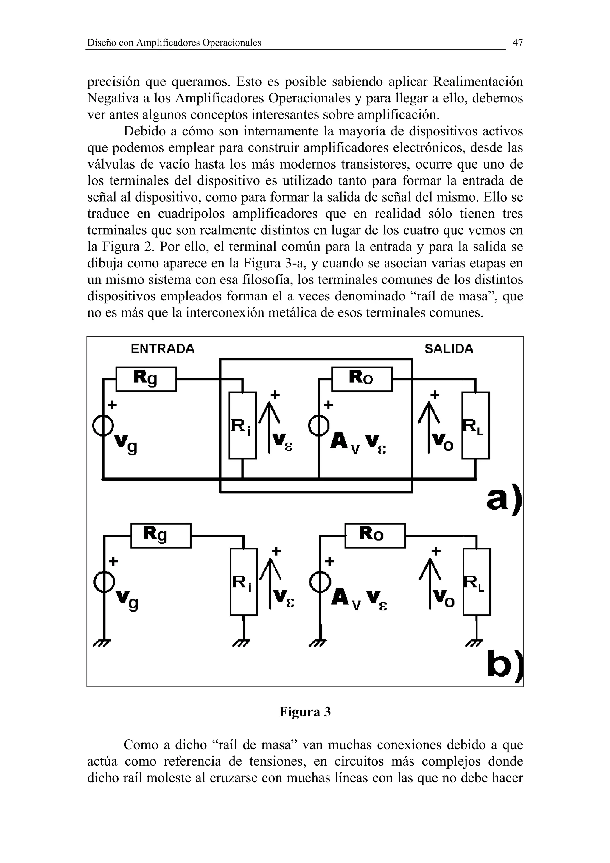 Diseño con Amplificadores Operacionales                                   47


precisión que queramos. Esto es posible sabiendo aplicar Realimentación
Negativa a los Amplificadores Operacionales y para llegar a ello, debemos
ver antes algunos conceptos interesantes sobre amplificación.
       Debido a cómo son internamente la mayoría de dispositivos activos
que podemos emplear para construir amplificadores electrónicos, desde las
válvulas de vacío hasta los más modernos transistores, ocurre que uno de
los terminales del dispositivo es utilizado tanto para formar la entrada de
señal al dispositivo, como para formar la salida de señal del mismo. Ello se
traduce en cuadripolos amplificadores que en realidad sólo tienen tres
terminales que son realmente distintos en lugar de los cuatro que vemos en
la Figura 2. Por ello, el terminal común para la entrada y para la salida se
dibuja como aparece en la Figura 3-a, y cuando se asocian varias etapas en
un mismo sistema con esa filosofía, los terminales comunes de los distintos
dispositivos empleados forman el a veces denominado “raíl de masa”, que
no es más que la interconexión metálica de esos terminales comunes.




                                          Figura 3

      Como a dicho “raíl de masa” van muchas conexiones debido a que
actúa como referencia de tensiones, en circuitos más complejos donde
dicho raíl moleste al cruzarse con muchas líneas con las que no debe hacer
 