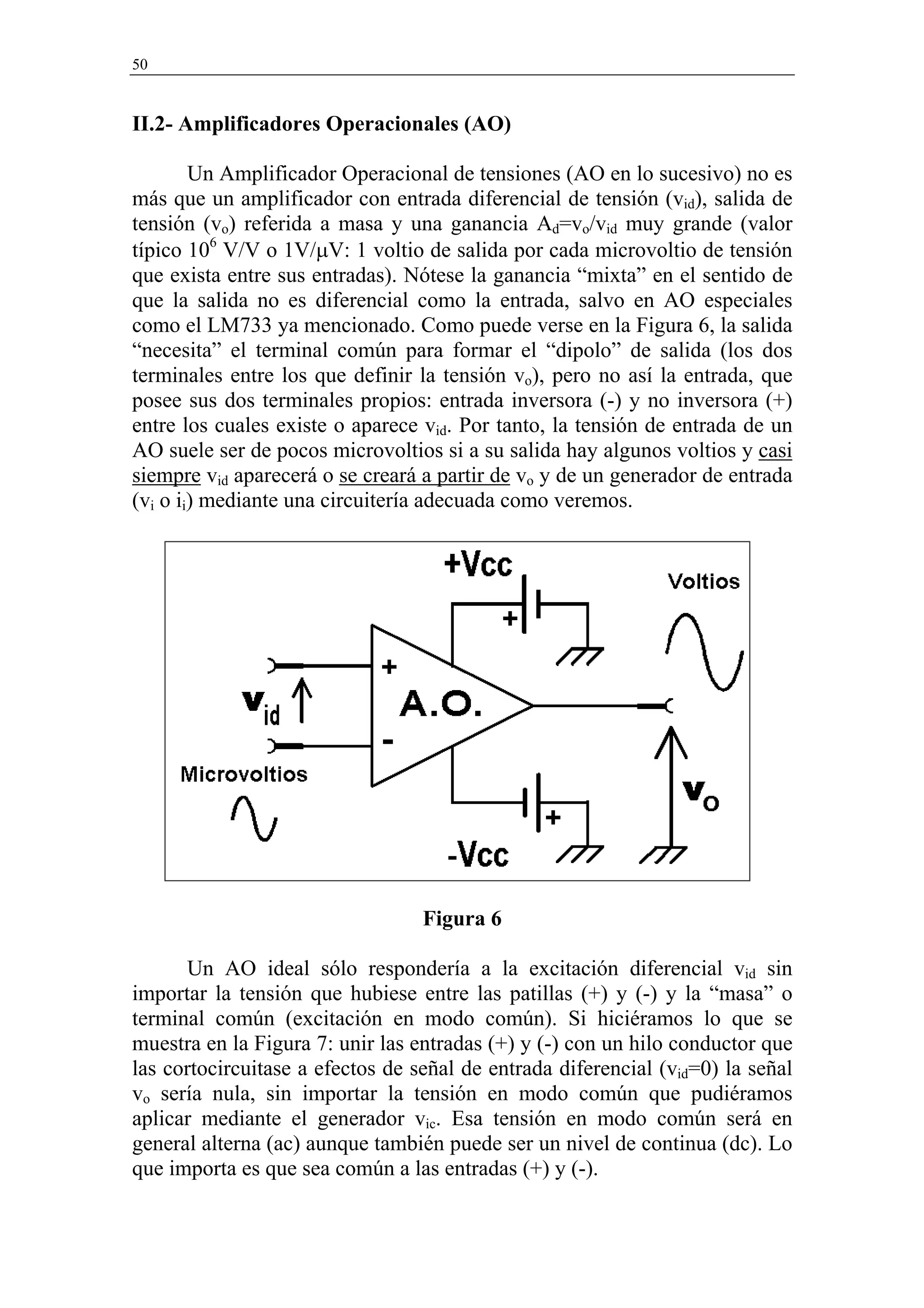 50


II.2- Amplificadores Operacionales (AO)

        Un Amplificador Operacional de tensiones (AO en lo sucesivo) no es
más que un amplificador con entrada diferencial de tensión (vid), salida de
tensión (vo) referida a masa y una ganancia Ad=vo/vid muy grande (valor
típico 106 V/V o 1V/µV: 1 voltio de salida por cada microvoltio de tensión
que exista entre sus entradas). Nótese la ganancia “mixta” en el sentido de
que la salida no es diferencial como la entrada, salvo en AO especiales
como el LM733 ya mencionado. Como puede verse en la Figura 6, la salida
“necesita” el terminal común para formar el “dipolo” de salida (los dos
terminales entre los que definir la tensión vo), pero no así la entrada, que
posee sus dos terminales propios: entrada inversora (-) y no inversora (+)
entre los cuales existe o aparece vid. Por tanto, la tensión de entrada de un
AO suele ser de pocos microvoltios si a su salida hay algunos voltios y casi
siempre vid aparecerá o se creará a partir de vo y de un generador de entrada
(vi o ii) mediante una circuitería adecuada como veremos.




                                  Figura 6

      Un AO ideal sólo respondería a la excitación diferencial vid sin
importar la tensión que hubiese entre las patillas (+) y (-) y la “masa” o
terminal común (excitación en modo común). Si hiciéramos lo que se
muestra en la Figura 7: unir las entradas (+) y (-) con un hilo conductor que
las cortocircuitase a efectos de señal de entrada diferencial (vid=0) la señal
vo sería nula, sin importar la tensión en modo común que pudiéramos
aplicar mediante el generador vic. Esa tensión en modo común será en
general alterna (ac) aunque también puede ser un nivel de continua (dc). Lo
que importa es que sea común a las entradas (+) y (-).
 