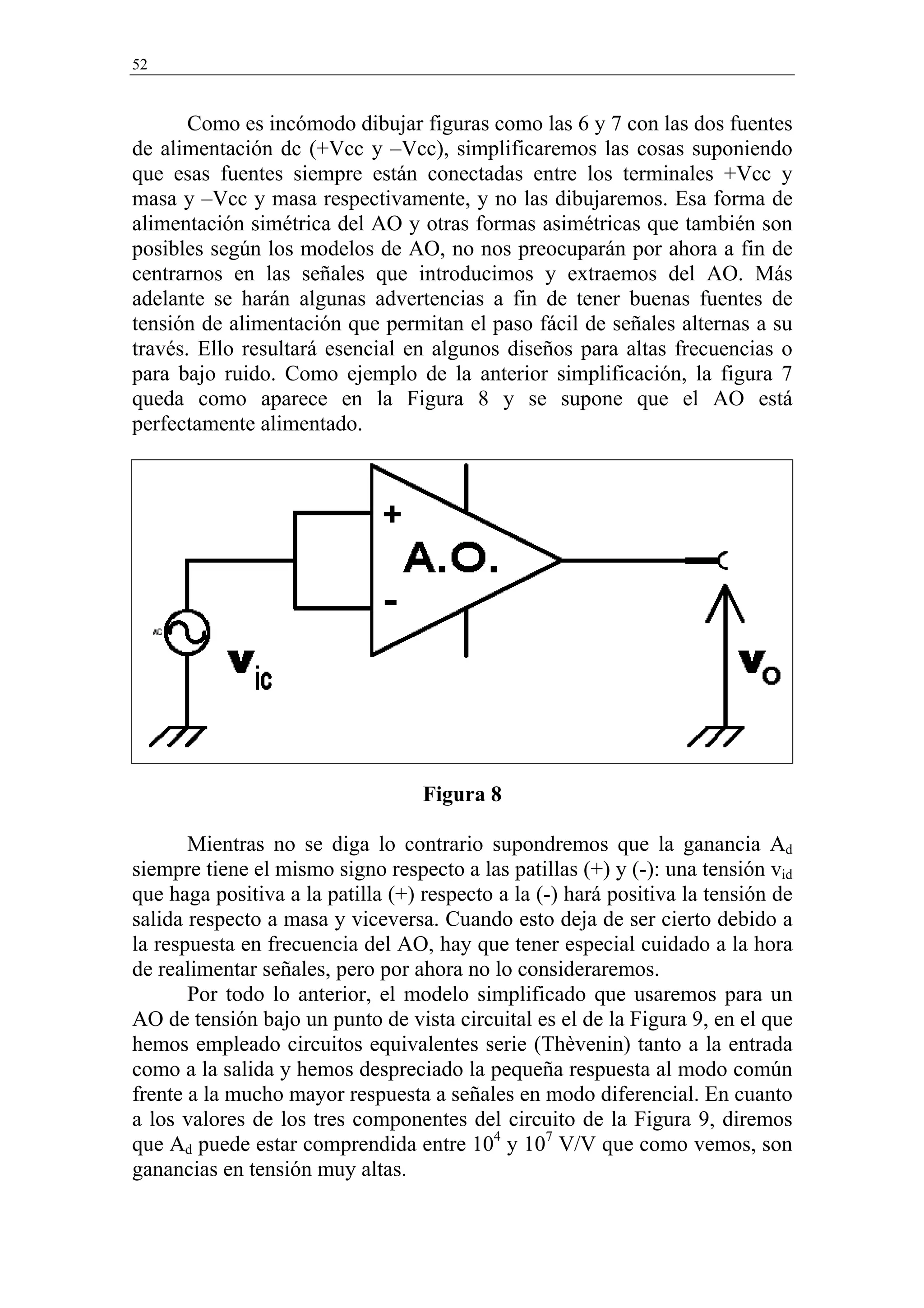 52


       Como es incómodo dibujar figuras como las 6 y 7 con las dos fuentes
de alimentación dc (+Vcc y –Vcc), simplificaremos las cosas suponiendo
que esas fuentes siempre están conectadas entre los terminales +Vcc y
masa y –Vcc y masa respectivamente, y no las dibujaremos. Esa forma de
alimentación simétrica del AO y otras formas asimétricas que también son
posibles según los modelos de AO, no nos preocuparán por ahora a fin de
centrarnos en las señales que introducimos y extraemos del AO. Más
adelante se harán algunas advertencias a fin de tener buenas fuentes de
tensión de alimentación que permitan el paso fácil de señales alternas a su
través. Ello resultará esencial en algunos diseños para altas frecuencias o
para bajo ruido. Como ejemplo de la anterior simplificación, la figura 7
queda como aparece en la Figura 8 y se supone que el AO está
perfectamente alimentado.




                                   Figura 8

       Mientras no se diga lo contrario supondremos que la ganancia Ad
siempre tiene el mismo signo respecto a las patillas (+) y (-): una tensión vid
que haga positiva a la patilla (+) respecto a la (-) hará positiva la tensión de
salida respecto a masa y viceversa. Cuando esto deja de ser cierto debido a
la respuesta en frecuencia del AO, hay que tener especial cuidado a la hora
de realimentar señales, pero por ahora no lo consideraremos.
       Por todo lo anterior, el modelo simplificado que usaremos para un
AO de tensión bajo un punto de vista circuital es el de la Figura 9, en el que
hemos empleado circuitos equivalentes serie (Thèvenin) tanto a la entrada
como a la salida y hemos despreciado la pequeña respuesta al modo común
frente a la mucho mayor respuesta a señales en modo diferencial. En cuanto
a los valores de los tres componentes del circuito de la Figura 9, diremos
que Ad puede estar comprendida entre 104 y 107 V/V que como vemos, son
ganancias en tensión muy altas.
 