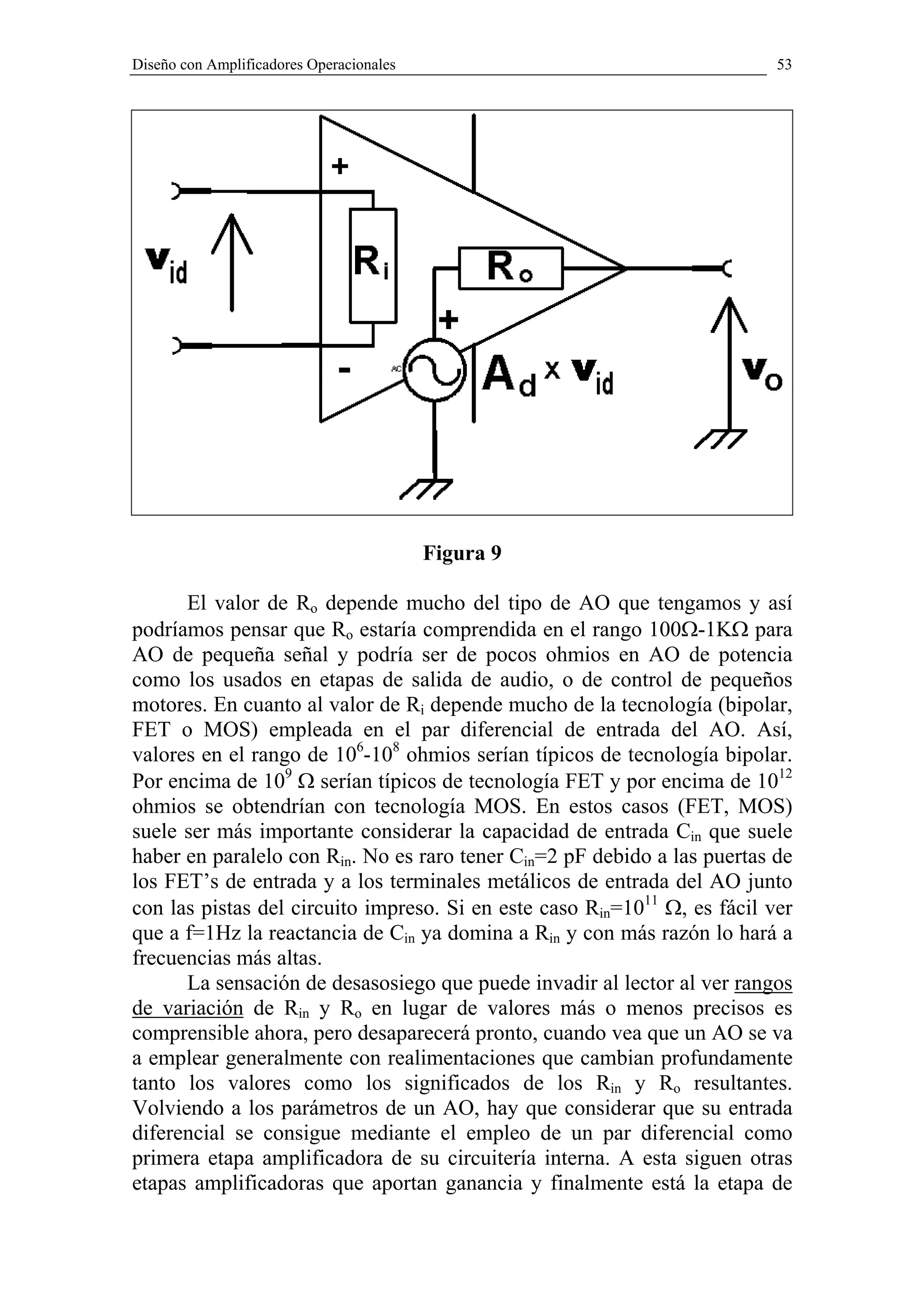 Diseño con Amplificadores Operacionales                                    53




                                          Figura 9

      El valor de Ro depende mucho del tipo de AO que tengamos y así
podríamos pensar que Ro estaría comprendida en el rango 100Ω-1KΩ para
AO de pequeña señal y podría ser de pocos ohmios en AO de potencia
como los usados en etapas de salida de audio, o de control de pequeños
motores. En cuanto al valor de Ri depende mucho de la tecnología (bipolar,
FET o MOS) empleada en el par diferencial de entrada del AO. Así,
valores en el rango de 106-108 ohmios serían típicos de tecnología bipolar.
Por encima de 109 Ω serían típicos de tecnología FET y por encima de 1012
ohmios se obtendrían con tecnología MOS. En estos casos (FET, MOS)
suele ser más importante considerar la capacidad de entrada Cin que suele
haber en paralelo con Rin. No es raro tener Cin=2 pF debido a las puertas de
los FET’s de entrada y a los terminales metálicos de entrada del AO junto
con las pistas del circuito impreso. Si en este caso Rin=1011 Ω, es fácil ver
que a f=1Hz la reactancia de Cin ya domina a Rin y con más razón lo hará a
frecuencias más altas.
      La sensación de desasosiego que puede invadir al lector al ver rangos
de variación de Rin y Ro en lugar de valores más o menos precisos es
comprensible ahora, pero desaparecerá pronto, cuando vea que un AO se va
a emplear generalmente con realimentaciones que cambian profundamente
tanto los valores como los significados de los Rin y Ro resultantes.
Volviendo a los parámetros de un AO, hay que considerar que su entrada
diferencial se consigue mediante el empleo de un par diferencial como
primera etapa amplificadora de su circuitería interna. A esta siguen otras
etapas amplificadoras que aportan ganancia y finalmente está la etapa de
 