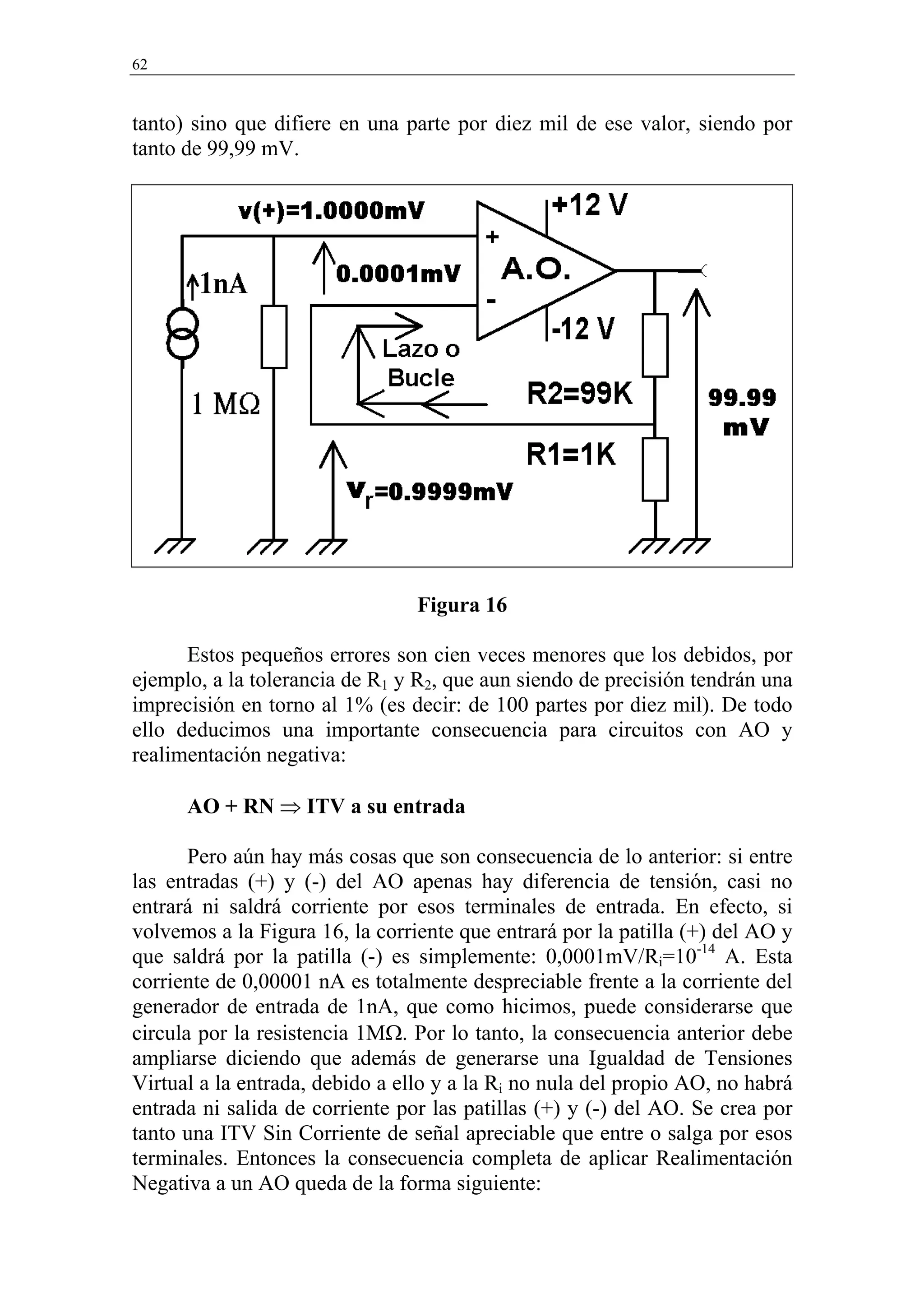 62


tanto) sino que difiere en una parte por diez mil de ese valor, siendo por
tanto de 99,99 mV.




                                 Figura 16

      Estos pequeños errores son cien veces menores que los debidos, por
ejemplo, a la tolerancia de R1 y R2, que aun siendo de precisión tendrán una
imprecisión en torno al 1% (es decir: de 100 partes por diez mil). De todo
ello deducimos una importante consecuencia para circuitos con AO y
realimentación negativa:

      AO + RN ⇒ ITV a su entrada

       Pero aún hay más cosas que son consecuencia de lo anterior: si entre
las entradas (+) y (-) del AO apenas hay diferencia de tensión, casi no
entrará ni saldrá corriente por esos terminales de entrada. En efecto, si
volvemos a la Figura 16, la corriente que entrará por la patilla (+) del AO y
que saldrá por la patilla (-) es simplemente: 0,0001mV/Ri=10-14 A. Esta
corriente de 0,00001 nA es totalmente despreciable frente a la corriente del
generador de entrada de 1nA, que como hicimos, puede considerarse que
circula por la resistencia 1MΩ. Por lo tanto, la consecuencia anterior debe
ampliarse diciendo que además de generarse una Igualdad de Tensiones
Virtual a la entrada, debido a ello y a la Ri no nula del propio AO, no habrá
entrada ni salida de corriente por las patillas (+) y (-) del AO. Se crea por
tanto una ITV Sin Corriente de señal apreciable que entre o salga por esos
terminales. Entonces la consecuencia completa de aplicar Realimentación
Negativa a un AO queda de la forma siguiente:
 