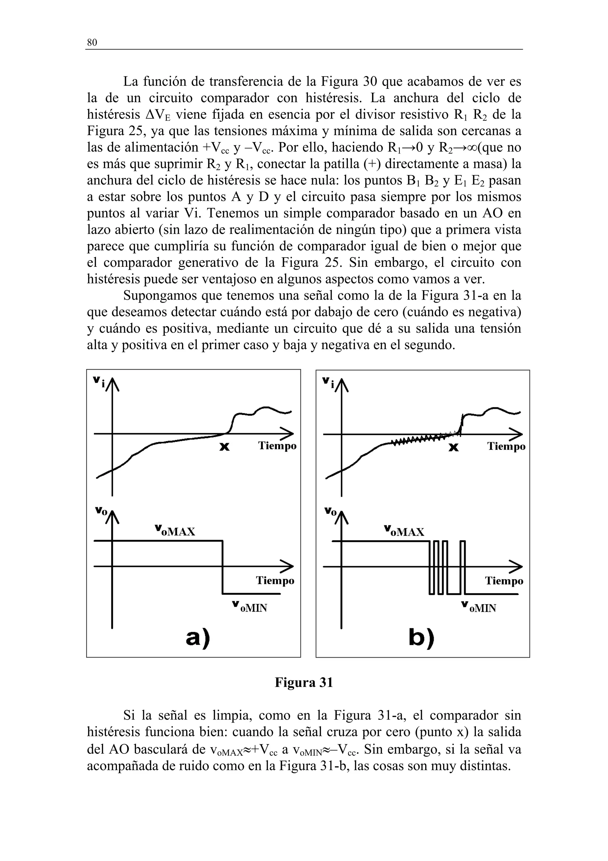 80


       La función de transferencia de la Figura 30 que acabamos de ver es
la de un circuito comparador con histéresis. La anchura del ciclo de
histéresis ∆VE viene fijada en esencia por el divisor resistivo R1 R2 de la
Figura 25, ya que las tensiones máxima y mínima de salida son cercanas a
las de alimentación +Vcc y –Vcc. Por ello, haciendo R1→0 y R2→∞(que no
es más que suprimir R2 y R1, conectar la patilla (+) directamente a masa) la
anchura del ciclo de histéresis se hace nula: los puntos B1 B2 y E1 E2 pasan
a estar sobre los puntos A y D y el circuito pasa siempre por los mismos
puntos al variar Vi. Tenemos un simple comparador basado en un AO en
lazo abierto (sin lazo de realimentación de ningún tipo) que a primera vista
parece que cumpliría su función de comparador igual de bien o mejor que
el comparador generativo de la Figura 25. Sin embargo, el circuito con
histéresis puede ser ventajoso en algunos aspectos como vamos a ver.
       Supongamos que tenemos una señal como la de la Figura 31-a en la
que deseamos detectar cuándo está por dabajo de cero (cuándo es negativa)
y cuándo es positiva, mediante un circuito que dé a su salida una tensión
alta y positiva en el primer caso y baja y negativa en el segundo.




                                Figura 31

       Si la señal es limpia, como en la Figura 31-a, el comparador sin
histéresis funciona bien: cuando la señal cruza por cero (punto x) la salida
del AO basculará de voMAX≈+Vcc a voMIN≈–Vcc. Sin embargo, si la señal va
acompañada de ruido como en la Figura 31-b, las cosas son muy distintas.
 