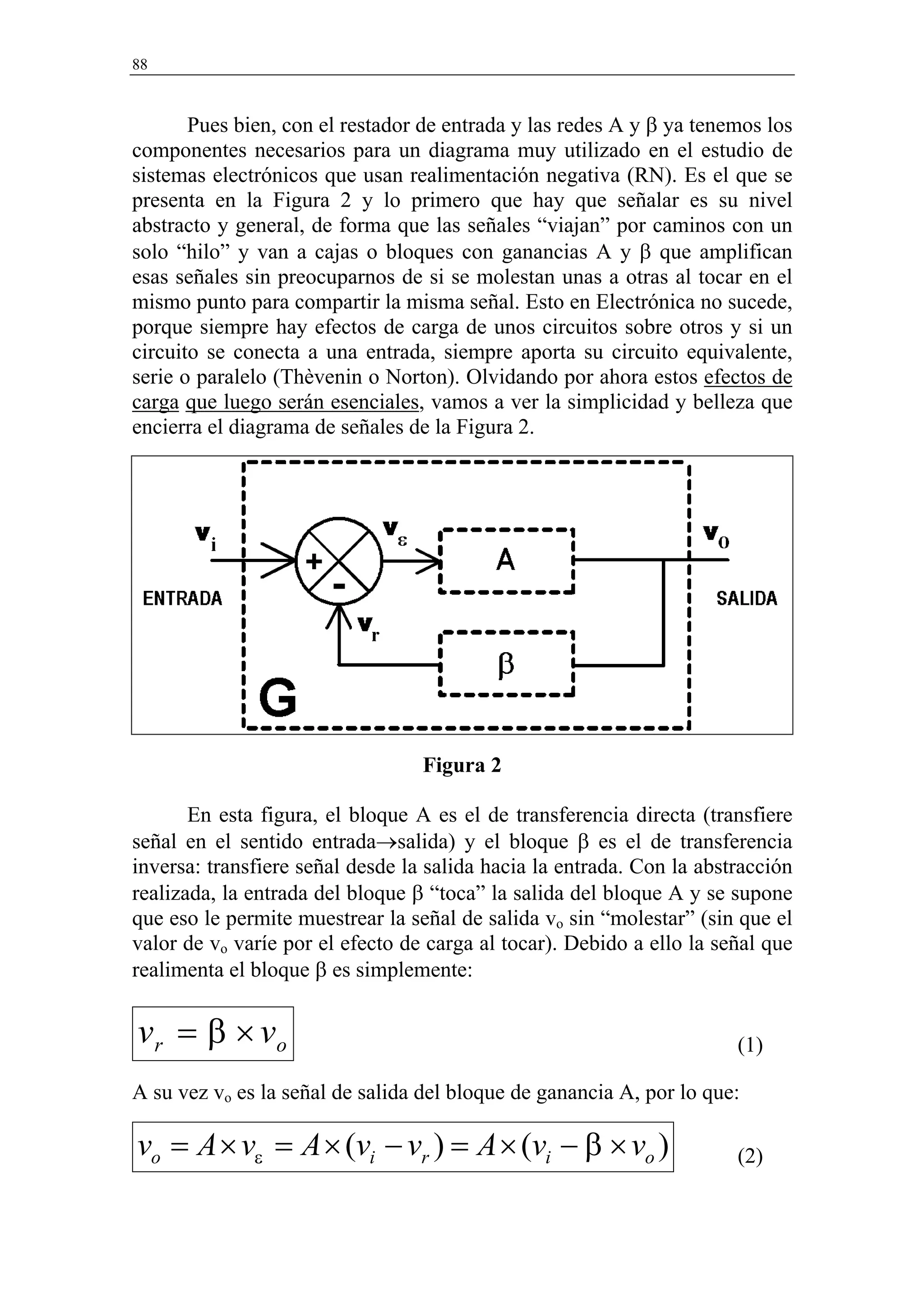 88



       Pues bien, con el restador de entrada y las redes A y β ya tenemos los
componentes necesarios para un diagrama muy utilizado en el estudio de
sistemas electrónicos que usan realimentación negativa (RN). Es el que se
presenta en la Figura 2 y lo primero que hay que señalar es su nivel
abstracto y general, de forma que las señales “viajan” por caminos con un
solo “hilo” y van a cajas o bloques con ganancias A y β que amplifican
esas señales sin preocuparnos de si se molestan unas a otras al tocar en el
mismo punto para compartir la misma señal. Esto en Electrónica no sucede,
porque siempre hay efectos de carga de unos circuitos sobre otros y si un
circuito se conecta a una entrada, siempre aporta su circuito equivalente,
serie o paralelo (Thèvenin o Norton). Olvidando por ahora estos efectos de
carga que luego serán esenciales, vamos a ver la simplicidad y belleza que
encierra el diagrama de señales de la Figura 2.




                                  Figura 2

       En esta figura, el bloque A es el de transferencia directa (transfiere
señal en el sentido entrada→salida) y el bloque β es el de transferencia
inversa: transfiere señal desde la salida hacia la entrada. Con la abstracción
realizada, la entrada del bloque β “toca” la salida del bloque A y se supone
que eso le permite muestrear la señal de salida vo sin “molestar” (sin que el
valor de vo varíe por el efecto de carga al tocar). Debido a ello la señal que
realimenta el bloque β es simplemente:


v r = β × vo                                                           (1)

A su vez vo es la señal de salida del bloque de ganancia A, por lo que:

vo = A × vε = A × (vi − vr ) = A × (vi − β × vo )                      (2)
 