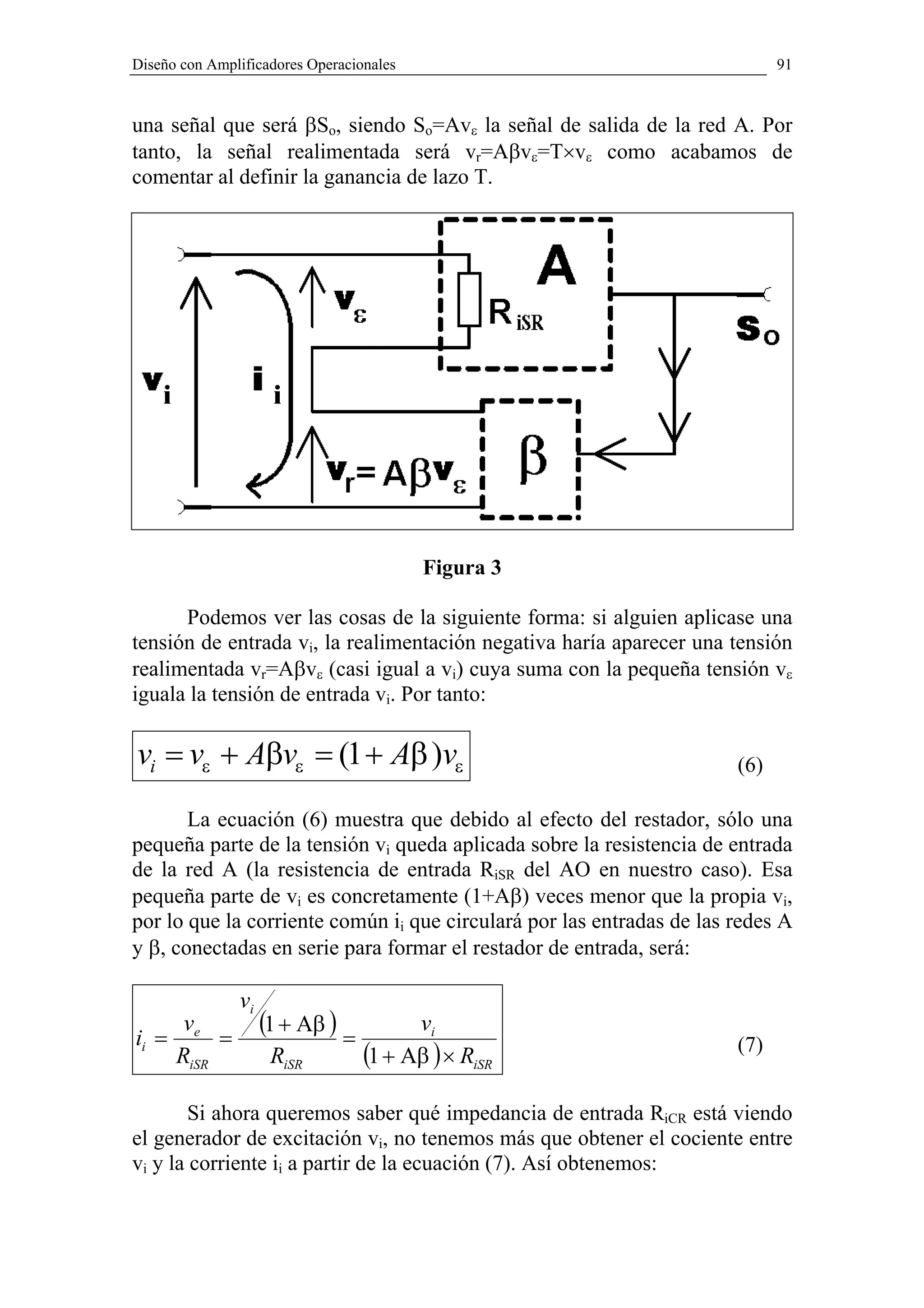 Diseño con Amplificadores Operacionales                                      91



una señal que será βSo, siendo So=Avε la señal de salida de la red A. Por
tanto, la señal realimentada será vr=Aβvε=T×vε como acabamos de
comentar al definir la ganancia de lazo T.




                                          Figura 3

      Podemos ver las cosas de la siguiente forma: si alguien aplicase una
tensión de entrada vi, la realimentación negativa haría aparecer una tensión
realimentada vr=Aβvε (casi igual a vi) cuya suma con la pequeña tensión vε
iguala la tensión de entrada vi. Por tanto:

vi = vε + Aβvε = (1 + Aβ )vε                                           (6)

       La ecuación (6) muestra que debido al efecto del restador, sólo una
pequeña parte de la tensión vi queda aplicada sobre la resistencia de entrada
de la red A (la resistencia de entrada RiSR del AO en nuestro caso). Esa
pequeña parte de vi es concretamente (1+Aβ) veces menor que la propia vi,
por lo que la corriente común ii que circulará por las entradas de las redes A
y β, conectadas en serie para formar el restador de entrada, será:

               vi
     v
ii = e =
                    (1 + Aβ ) =         vi
                                                                       (7)
    RiSR             RiSR         (1 + Aβ ) × RiSR
        Si ahora queremos saber qué impedancia de entrada RiCR está viendo
el generador de excitación vi, no tenemos más que obtener el cociente entre
vi y la corriente ii a partir de la ecuación (7). Así obtenemos:
 