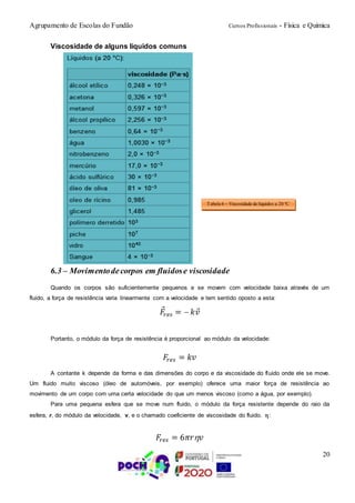 Agrupamento de Escolas do Fundão Cursos Profissionais - Física e Química
20
Viscosidade de alguns líquidos comuns
6.3 – Movimentodecorpos em fluidose viscosidade
Quando os corpos são suficientemente pequenos e se movem com velocidade baixa através de um
fluido, a força de resistência varia linearmente com a velocidade e tem sentido oposto a esta:
𝐹𝑟𝑒𝑠 =  𝑘𝑣
Portanto, o módulo da força de resistência é proporcional ao módulo da velocidade:
𝐹𝑟𝑒𝑠 = 𝑘𝑣
A contante k depende da forma e das dimensões do corpo e da viscosidade do fluido onde ele se move.
Um fluido muito viscoso (óleo de automóveis, por exemplo) oferece uma maior força de resistência ao
movimento de um corpo com uma certa velocidade do que um menos viscoso (como a água, por exemplo).
Para uma pequena esfera que se move num fluido, o módulo da força resistente depende do raio da
esfera, r, do módulo da velocidade, v, e o chamado coeficiente de viscosidade do fluido. :
𝐹𝑟𝑒𝑠 = 6𝜋𝑟 𝑣
Tabela 6 – Viscosidade de líquidos a 20 ºC
 