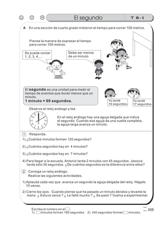 En una sección de cuarto grado midieron el tiempo para correr 100 metros.
Piense la manera de expresar el tiempo
para correr 100 metros.
Debe ser menos
de un minuto
Se puede contar
1, 2, 3, 4....
El es una unidad para medir el
tiempo de eventos que duran menos que un
minuto.
segundo
1 minuto = 60 segundos. Yo tardé
17 segundos.
Yo tardé
16 segundos.
En el reloj análogo hay una aguja delgada que indica
el segundo. Cuando esa aguja da una vuelta completa,
la aguja larga avanza un minuto.
1) Aplauda cada vez que avanza un segundo la aguja delgada del reloj. Hágalo
10 veces.
2) Cierre los ojos. Cuando piense que ha pasado un minuto ábralos y levante la
mano. ¿ Estuvo cerca ? ¿ Le faltó mucho ? ¿ Se pasó ? Vuelva a experimentar.
Responda.
Realice las siguientes actividades.
Consiga un reloj análogo.
1) ¿Cuántos minutos forman 120 segundos?
2) ¿Cuántos segundos hay en 4 minutos?
3) ¿Cuántos segundos hay en 7 minutos?
4) Para llegar a la escuela, Antonio tarda 2 minutos con 45 segundos. Jessica
tarda sólo 30 segundos. ¿De cuántos segundos es la diferencia entre ellos?
Observe el reloj análogo y lea.
J K L T 8-1El segundo
105
1
2
A
Escriba el número en el .
1) minutos forman 180 segundos. 2) 240 segundos forman minutos.
 