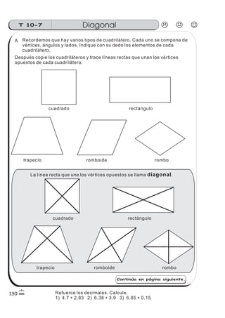 Recordemos que hay varios tipos de cuadrilátero. Cada uno se compone de
vértices, ángulos y lados. Indique con su dedo los elementos de cada
cuadrilátero.
cuadrado rectángulo
trapecio romboide rombo
Después copie los cuadriláteros y trace líneas rectas que unan los vértices
opuestos de cada cuadrilátero.
La línea recta que une los vértices opuestos se llama .diagonal
Continúa en página siguiente.
cuadrado rectángulo
trapecio romboide rombo
DiagonalT 10-7
130
A
Refuerce los decimales. Calcule.
1) 4.7 + 2.83 2) 6.38 + 3.9 3) 6.85 + 0.15
 
