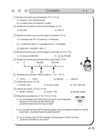 Escriba el número que corresponde. (T1-1 y T1-2)
1) noventa y dos mil diecinueve
2) un millón trece mil sesenta y cuatro
Escriba los números en forma desarrollada. (T1-3)
1) 921,600 2) 304,111
Escriba el número que se forma según lo indicado. (T1-3)
1) 4 centenas de mil + 8 centenas + 4 decenas
2) 1 unidad de millón + 2 unidades de mil + 3 unidades
3) 7,000,000 + 300,000 + 400 + 7
Escriba el número que corresponde a cada letra. (T1-6)
1) 100,000
A B C
200,0000
Compare los números. Utilice el signo >, < ó =. (T1-7)
1) 2,675 2) 189,604 189,617
Calcule las sumas. (T1-8)
1) 921 2) 18,321+ + 3) 221 89+93,456 782+6,532
Calcule las restas. (T1-9 y T1-10)
2)1) 3) - 9,999-78312,00156,981-45,678
Resuelva los problemas. (T1-8, T1-9 y T1-10)
1) En una bodega hay 5,678 sacos de arroz. Los encargados
realizan una compra de 983 sacos más.
¿Cuántos sacos de arroz hay en total?
2) En una oficina hay 45,679 hojas de papel. Para un trabajo se utilizan 8,145 de
esas hojas. ¿Cuántas hojas de papel quedan?
3) En un bosque hay 23,120 animales. De ese grupo 14,567 son aves.
¿Cuántos animales no son aves?
?
?
2,675
60,000
arrozarroz
arroz
Escriba el número que se forma según lo indicado. (T1-4 y T1-5)
1) 10 veces de 800,000 2) de 700,000
10
1
T 1Contesto
15
1
2
3
4
5
6
7
8
9
 