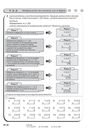 Planteamiento: 4 x 1,327
Escribir la multiplicación en forma vertical.
Multiplicar las unidades (4 x 7 = 28).
Como el resultado es 28 unidades se puede
formar 2 decenas y quedan 8 unidades.
Entonces pasar 2 a la posición de la decena
y escribir 8 en la posición de unidad.
Escribir el número auxiliar que indica que
llevó 2 decenas.
Multiplicar las decenas (4 x 2 = 8). Al resultado
sumarle 2 que se había llevado (8 + 2 = 10).
Como 10 decenas forman una centena, escribir
1 en la posición de centena y el 0 en la posición
de decenas.
Multiplicar las centenas (4 x 3 = 12). Al resultado
sumarle 1 que se había llevado (12+1). Como 13
centenas forman una unidad de mil, escribir 1 en
la posición de unidad de mil y el 3 en la posición
de centenas.
Multiplicar las unidades de mil (4 x 1 = 4). Al
resultado sumarle una unidad de mil que se
había llevado (4 + 1 = 5).
83
1 1
0
2
1 3 2 7
x 4
82
1 3 2 7
x 4
80
1 2
1 3 2 7
x 4
1 3 2 7
x 4
1 3 2 7
x 4
83
1 1
0
21
5
1) 2 1 3 2
x 2
2) 5 1 1 4
x 5
3) 1 2 2 8
x 3
4) 2 1 3 4
x 4
5) 3 2 8 9
x 3
6) 2 3 4 5
x 4
7) 1 1 9 5
x 8
8) 1 0 4 3
x 9
9) 1 0 7 5
x 8
10) 1 4 0 6
x 6
11) 2 8 9 0
x 3
12) 1 0 0 8
x 7
13) 2 0 0 6
x 4
14) 2 6 9 8
x 7
15) 3 2 1 9
x 8
Multiplicación de números con 4 dígitosT 2-2
18
Lea el problema y escriba el planteamiento. Después piense cómo calcular.
Hay 4 carros. Cada carro pesa 1,327 libras. ¿Cuánto pesan los 4 carros?
Verifique.
¿Cómo calculamos la multiplicación anterior? Observe y aprenda.
Paso 1
Paso 2
Paso 3
Paso 4
Paso 5
Paso 1
Paso 2
Paso 3
Paso 4
Paso 5
¿Cuál es la respuesta a la pregunta del problema?
Calcule.1
Calcule.
1) 7 x 5,673 2) 8 x 3,984 3) 9 x 2,789
A
 