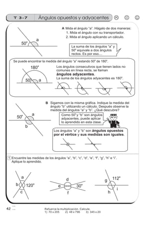 Mida el ángulo “a”. Hágalo de dos maneras:
a
50
o
1. Mida el ángulo con su transportador.
2. Mida el ángulo aplicando un cálculo.
Se puede encontrar la medida del ángulo “a” restando 50 de 180 .
o o
Encuentre las medidas de los ángulos “a”, “b”, “c”, “d”, “e”, “f”, “g”, “h” e “i”.
Aplique lo aprendido.
h
i
g
f
e
d 112
o
30o
a
c
b 120
o
La suma de los ángulos “a” y
50 equivale a dos ángulos
rectos. Es por eso....
o
a50
o
180
o Los ángulos consecutivos que tienen lados no
comunes en línea recta, se llaman
La suma de los ángulos adyacentes es 180 .
ángulos adyacentes.
o
a
b
50
Sigamos con la misma gráfica. Indique la medida del
ángulo “b” utilizando un cálculo. Después observe la
medida del ángulos “a” y “b”. ¿Qué descubre?
Los ángulos “a” y “b” son
.
ángulos opuestos
por el vértice sus medidas son igualesy
Como 50 y “b” son ángulos
adyacentes, puede aplicar
lo aprendido en esta clase.
o
Ángulos opuestos y adyacentesT 3-7
42
1
A
B
Refuerce la multiplicación. Calcule.
1) 70 x 205 2) 48 x 796 3) 345 x 20
 