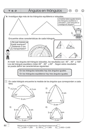 Refuerce la multiplicación. Escriba el número en el .
1) x 200 = 1,200 2) 300 x = 1,800 3) x 800 = 2,400
Investigue algo más de los triángulos equiláteros e isósceles.
¿Cuántos lados iguales tienen
los triángulos equiláteros e
isósceles? ¿Qué descubre si
investiga los ángulos?
Encuentre otras características de cada triángulo.
¿De qué manera se
puede averiguar?
¿Doblando o con
su transportador?
Al medir los ángulos del triángulo isósceles, los resultados son 40 , 40 y 100 .
Los del triángulo equilátero miden 60 , 60 y 60 . Según estos resultados
se puede definir las características siguientes:
o o o
o o o
En los triángulos isósceles hay dos ángulos iguales.
En los triángulos equiláteros hay tres ángulos iguales.
En cada triángulo encuentre la medida de los ángulos que corresponden a cada
letra.
b
6 cm 6 cm
5 cm
65
5 cm5 cm
5 cm
60 60
c
60
d
3 cm
3cm3 cm
e
4)3)
2)
6 cm
4.2 cm4.2 cm
45 a
1)
20
10
30
40
50
60
70
80100
110
120
130
140
150
150
160
170
10
40
30
20
170170
160
150
140
130
120
110
10080
70
60
50
90
180
0
0
180
Ángulos en triángulosT 6-2
82
1
A
 