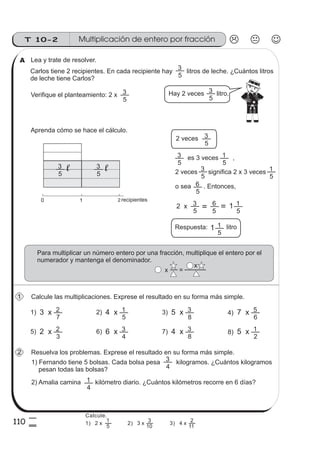 110
Multiplicación de entero por fracciónT 10-2
5
0
Lea y trate de resolver.
Carlos tiene 2 recipientes. En cada recipiente hay litros de leche. ¿Cuántos litros
de leche tiene Carlos?
Aprenda cómo se hace el cálculo.
l5
3
1 20
Respuesta: 1
5
1 litro
Para multiplicar un número entero por una fracción, multiplique el entero por el
numerador y mantenga el denominador.
Calcule las multiplicaciones. Exprese el resultado en su forma más simple.
Resuelva los problemas. Exprese el resultado en su forma más simple.
1) Fernando tiene 5 bolsas. Cada bolsa pesa kilogramos. ¿Cuántos kilogramos
pesan todas las bolsas? 4
3
2) Amalia camina kilómetro diario. ¿Cuántos kilómetros recorre en 6 días?
4
1
7
23 x1) 2) 3) 4)
5
14 x
8
35 x
6
57 x
3
22 x5) 6) 7) 8)
4
36 x
8
34 x
2
15 x
Hay 2 veces litro.
l5
3
recipientes
Verifique el planteamiento: 2 x
5
3
5
3
5
3
2 veces
5
3
5
32 x
5
6 1
5
1
es 3 veces ,
5
3
5
1
2 veces significa 2 x 3 veces
o sea . Entonces,
5
1
5
6
x =
x
A
1
2
Calcule.
5
1
10
3
11
2
1) 2 x 2) 3 x 3) 4 x
5
3
 