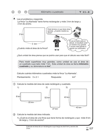 T 11-3Kilómetro cuadrado
117
5
/
Lea el problema y responda.
La finca “La Alameda” tiene forma rectangular y mide 3 km de largo y
2 km de ancho.
Calcule la medida del área de cada rectángulo y cuadrado.
1) ¿Cuál es el área de una finca que tiene forma de rectángulo y que mide 8 km
de largo y 5 km de ancho?
Este terreno sí que tiene área
grande. ¿Cuánto medirá su
área?
¿Cuánto mide el área de la finca?
¿Qué unidad de área piensa que se podría usar para que el cálculo sea más fácil?
Si uso el metro para el
cálculo, el resultado será
un número muy grande.
Y mucho más grande si
calculo con centímetro.
Calcule cuántos kilómetros cuadrados mide la finca “La Alameda”.
Planteamiento: 3 x 2 = Respuesta: km2
3 km
2 km
8 km
20 km
52 km
27 km
43 km
43 km
Calcule la medida del área indicada.
Para medir superficies muy grandes, como unidad se usa el área de
un cuadrado cuyo lado mide 1 km. Esta unidad de área se llama
y su abreviatura es .
kilómetro
cuadrado km
2
1) 2) 3)
1
2
A
Calcule el área de un rectángulo cuyo largo es de 6 km y ancho de
3 km.
 