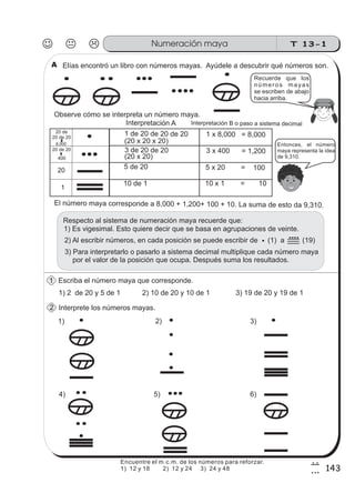 T 13-1Numeración maya
143
7
3
Elías encontró un libro con números mayas. Ayúdele a descubrir qué números son.
Observe cómo se interpreta un número maya.
Interpretación A
3 de 20 de 20 3 x 400 = 1,200
5 de 20 5 x 20 = 100
El número maya corresponde a 8,000 + 1,200+ 100 + 10. La suma de esto da 9,310.
Escriba el número maya que corresponde.
1) 2 de 20 y 5 de 1 2) 10 de 20 y 10 de 1 3) 19 de 20 y 19 de 1
Interprete los números mayas.
1 de 20 de 20 de 20 1 x 8,000 = 8,000
Recuerde que los
números mayas
se escriben de abajo
hacia arriba.
10 de 1 10 x 1 = 10
1) 2) 3)
4) 5) 6)
20 de
20 de 20
8,000
20 de 20
400
20
1
Entonces, el número
maya representa la idea
de 9,310.
3) Para interpretarlo o pasarlo a sistema decimal multiplique cada número maya
por el valor de la posición que ocupa. Después suma los resultados.
Respecto al sistema de numeración maya recuerde que:
1) Es vigesimal. Esto quiere decir que se basa en agrupaciones de veinte.
2) Al escribir números, en cada posición se puede escribir de (1) a (19)
Interpretación B o paso a sistema decimal
(20 x 20 x 20)
(20 x 20)
1
2
A
Encuentre el m.c.m. de los números para reforzar.
1) 12 y 18 2) 12 y 24 3) 24 y 48
 