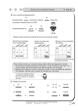 T 13-3Suma con números mayas
145
7
5
Lea y escriba el planteamiento.
Fernando tiene manzanas. Compra manzanas.
¿Cuántas manzanas tiene en total?
El planteamiento es:
Observe cómo se hace el cálculo de suma con números mayas.
Escribir los sumandos
en un cuadriculado.
Sumar el número de
cada posición.
Revisar si hay necesidad
de cambio.
En la primera posición se cambia
5 puntos por una barra.
Realice las sumas.
+
20
400
1
20
400
1
20
400
1
1)
+
2)
+
3)
+
4)
+
La norma de calcular posición
por posición es igual a la suma
con los números de sistema
decimal.
Sumando Sumando
Sumando
Sumando
Para realizar sumas con números mayas debe utilizar las siguientes normas:
1. Se suma los números posición por posición. Los de la posición que vale 1 se
suman aparte, los de la posición que vale 20 aparte y así se sigue.
2. Después de realizar la suma es necesario revisar si hay necesidad de cambios.
Por ejemplo, recordar que 5 puntos se cambian por una barra.
Sumando
Sumando
Total
Total
Sumando
Sumando
Total
1
z
ss
ss
ss
zz
zz
zz
zz
gg
gg
ss
ss
ss
zz
zz
zz
zz
gg
gg
ss
ss
s
zz
zz
zz
gg
gg
ss
ss
ss
zz
zz
zz
zz
gg
gg
ss
ss
ss
zz
zz
zz
zz
gg
gg
ss
ss
ss
zz
zz
zz
zz
gg
gg
ss
zz
gg
gg
ss
ss
ss
zz
zz
zz
gg
gg
ss
ss
ss
zz
zz
zz
zz
gg
gg
ss
sszz
zz
gg
gg
ss
ss
ss
zz
zz
zz
zz
gg
gg
ss
ss
ss
zz
zz
zz
zz
gg
gg
ss
zz
zz
gg
gg
ss
ss
ss
zz
zz
zz
gg
gg
ss
ss
ss
zz
zz
zz
zz
gg
gg
ss
zz
zz
gg
gg
ss
ss
ss
zz
zz
zz
gg
gg
ss
ss
ss
zz
zz
zz
zz
gg
gg
zz
gg
gg
ss
ss
ss
zz
zz
zz
zz
gg
gg
A
Encuentre el m.c.m. de los números para reforzar.
1) 8 y 12 2) 10 y 15 3) 3 y 7
 