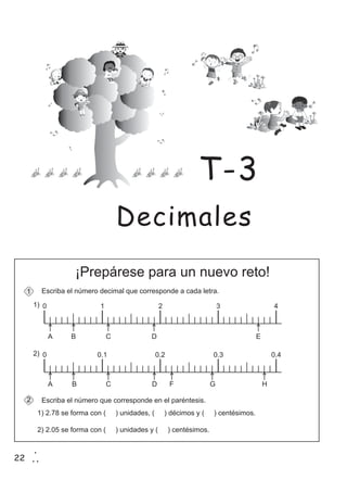 22
1
2
¡Prepárese para un nuevo reto!
Escriba el número decimal que corresponde a cada letra.
Escriba el número que corresponde en el paréntesis.
1) 2.78 se forma con ( ) unidades, ( ) décimos y ( ) centésimos.
2) 2.05 se forma con ( ) unidades y ( ) centésimos.
1
2
0 1 2 3 4
A B C D E
0 0.1 0.2 0.3 0.4
A B C D F G H
1)
2)
Decimales
T-3
 