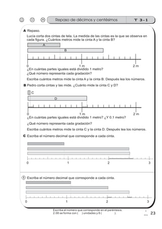 T 3-1Repaso de décimos y centésimos
23
1
3
Repaso.
Escriba el número decimal que corresponde a cada cinta.
Lucía corta dos cintas de tela. La medida de las cintas es la que se observa en
cada figura. ¿Cuántos metros mide la cinta A y la cinta B?
¿En cuántas partes iguales está dividido 1 metro?
Pedro corta cintas y las mide. ¿Cuánto mide la cinta C y D?
0 1 m 2 m
A
B
0 1 m 2 m
C
D
¿Qué número representa cada gradación?
Escriba cuántos metros mide la cinta A y la cinta B. Después lea los números.
¿En cuántas partes iguales está dividido 1 metro? ¿Y 0.1 metro?
¿Qué número representa cada gradación?
Escriba cuántos metros mide la cinta C y la cinta D. Después lea los números.
A
B
0 1 2 3
1
C Escriba el número decimal que corresponde a cada cinta.
0 1 2 3
Escriba el número que corresponde en el paréntesis.
2.08 se forma con ( ) unidades y 8 ( ).
 
