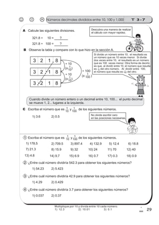 T 3-7Números decimales divididos entre 10, 100 y 1,000
29
1
9
Calcule las siguientes divisiones.A
Observe la tabla y compare con lo que hizo en la sección A.B
Cuando divide un número entero o un decimal entre 10, 100... el punto decimal
se mueve 1, 2... lugares a la izquierda.
321.8 ÷ 10 = ?
321.8 ÷ 100 = ?
Descubra una manera de realizar
el cálculo con mayor rapidez.
÷ 10
3 2 1 8
÷ 100
1
100(x )
1
10
(x )
Si divide un número entre 10, el resultado es
un número que es 10 veces menor. Si divide
dos veces entre 10, el resultado es un número
que es 100 veces menor. Otra forma de decirlo
es que, al dividir entre 10, el número que resulta
es del otro número. Al dividir entre 100,
el número que resulta es del otro.
1
10
1
100
3 2 1 8
3 2 1 8
No olvide escribir cero
en las posiciones necesarias.
Escriba el número que es y de los siguientes números.1 1
10
1
100
1) 178.5 2) 709.5 3) 897.4 4) 132.9 5) 12.4 6) 18.8
7) 21.3 8) 15.9 9) 32 10) 24 11) 70 12) 40
¿Entre cuál número dividiría 542.3 para obtener los siguientes números?2
1) 54.23 2) 5.423
13) 4.8 14) 9.7 15) 6.9 16) 0.7 17) 0.3 18) 0.9
Escriba el número que es y de los siguientes números.C 1
10
1
100
1) 3.6 2) 0.5
¿Entre cuál número dividiría 42.9 para obtener los siguientes números?3
1) 4.29 2) 0.429
¿Entre cuál número dividiría 3.7 para obtener los siguientes números?4
1) 0.037 2) 0.37
Guate-
mática
12
12
12
12
Multiplique por 10 y divida entre 10 cada número.
1) 12.3 2) 10.01 3) 0.1
÷ 10
1
10
(x )
 