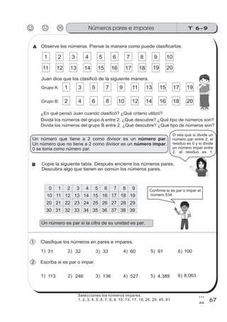 T 6-9Números pares e impares
67
3
7
Observe los números. Piense la manera como puede clasificarlos.
Un número es par si la cifra de su unidad es par.
Clasifique los números en pares e impares.
31
Juan dice que los clasificó de la siguiente manera.
Grupo A:
1 2 3 4 5 6 7 8 9 10
11 12 13 14 15 16 17 18 19 20
1 3 5 7 9 11 13 15 17 19
Grupo B: 2 4 6 8 10 12 14 16 18 20
¿En qué pensó Juan cuando clasificó? ¿Qué criterio utilizó?
Divida los números del grupo B entre 2. ¿Qué descubre? ¿Qué tipo de números son?
Un número que tiene a 2 como divisor es un .
Un número que no tiene a 2 como divisor es un .
número par
número impar
Copie la siguiente tabla. Después encierre los números pares.
Descubra algo que tienen en común los números pares.
0 1 2 3 4 5 6 7 8 9
10 11 12 13 14 15 16 17 18 19
20 21 22 23 24 25 26 27 28 29
30 31 32 33 34 35 36 37 38 39
Confirme si es par o impar el
número 534.
32 33 60 91 100
Escriba si es par o impar.
O sea que si divide un
número par entre 2, el
residuo es 0 y si divide
un número impar entre
2, el residuo es 1.
1) 2) 3) 4) 5) 6)
0 se toma como número par.
Divida los números del grupo A entre 2. ¿Qué descubre? ¿Qué tipo de números son?
113 246 136 527 4,3891) 2) 3) 4) 5) 8,0636)
B
A
1
2
Selecciones los números impares.
1, 2, 3, 4, 5, 6, 7, 8, 9, 10, 13, 17, 18, 26, 29, 45, 81
 