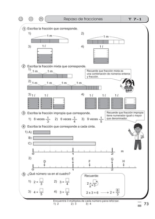T 7-1Repaso de fracciones
73
3
#
Escriba la fracción que corresponde.
1 l
1 m 1 m
1) 2)
3) 4) 1 l
Escriba la fracción mixta que corresponde.
1)
2)
1 m 1 m
1 m 1 m1 m1 m
Recuerde que fracción mixta es
una combinación de números enteros
y fracción.
1 l3) 4)1 l 1 l1 l 1 l
Escriba la fracción impropia que corresponde.
1) 8 veces
3
1 2) 6 veces
4
1 3) 9 veces
5
1
Recuerde que fracción impropia
tiene numerador igual o mayor
que denominador.
Escriba la fracción que corresponde a cada cinta.
m
0 1 2
A)
B)
C)
1)
2)
0 1 2
D
E
F
G
H
¿Qué número va en el cuadro?
3
1) 2 =
4
2) 3 =
5
3) 4 =
6
4) 3 =
Recuerde:
3
2 =
x
2 x 3 = 6
3
2 =
6
5
4
3
2
1
z
ss
ss
ss
zz
zz
zz
zz
gg
gg
ss
ss
ss
zz
zz
zz
zz
gg
gg
ss
ss
s
zz
zz
zz
gg
gg
ss
ss
ss
zz
zz
zz
zz
gg
gg
ss
ss
ss
zz
zz
zz
zz
gg
gg
ss
ss
ss
zz
zz
zz
zz
gg
gg
ss
zz
gg
gg
ss
ss
ss
zz
zz
zz
gg
gg
ss
ss
ss
zz
zz
zz
zz
gg
gg
ss
sszz
zz
gg
gg
ss
ss
ss
zz
zz
zz
zz
gg
gg
ss
ss
ss
zz
zz
zz
zz
gg
gg
ss
zz
zz
gg
gg
ss
ss
ss
zz
zz
zz
gg
gg
ss
ss
ss
zz
zz
zz
zz
gg
gg
ss
zz
zz
gg
gg
ss
ss
ss
zz
zz
zz
gg
gg
ss
ss
ss
zz
zz
zz
zz
gg
gg
zz
gg
gg
ss
ss
ss
zz
zz
zz
zz
gg
gg
Encuentre 3 múltiplos de cada número para reforzar.
1) 2 2) 3 3) 4
 