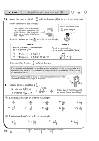 Simplificación de fracciones (1)T 7-6
78
3
(
Aprenda cómo se escribe en su forma más simple.
Buscar el máximo común divisor
(M.C.D.) de 16 y 40.
: 1, 2, 4, 8, 16
1, 2, 4, 5, 8, 10, 20, 40
Paso 1
Divisores
Divisores:
M.C.D.
Dividir el numerador y
denominador entre el M.C.D.(8)
Paso 2
Miguel dice que ha utilizado galones de agua. ¿Cuál sería una expresión más
simple para indicar esa cantidad?
Para escribir una fracción en su forma más simple se divide el numerador y el
denominador entre el máximo común divisor de ambos números. Este proceso
se llama simplificar.
Estudie cómo se simplifica .2
14
6
Escriba cada fracción en su forma más simple.
1)
4
2 2)
8
6 3) 4)
16
12
20
15 5)
49
21
6) 7) 8) 9)
27
15 10)
36
3
42
18
32
16
24
18
40 ÷
8
8
16 ÷
5
2
Creo que será más fácil entender
con una fracción equivalente que
tenga números más pequeños.
O sea con la fracción en su forma
más simple.
Uhm. Es difícil interpretar
galón de agua.
40
16
40
16
40
16
40
16
Entonces, Miguel utilizó galones de agua.
5
2
También puede simplificar si divide el numerador y el denominador entre
divisores comunes hasta que ya no es posible.
6 divisores: 1, 2, 3, 6
14 divisores: 1, 2, 7, 14 14 ÷
2
2
6 ÷
7
32 2
M.C.D.
O sea que el número entero
se queda (no se simplifica).
Escriba cada fracción en su forma más simple.
1)
15
9 2)
32
24 3) 4)
12
8
48
122 3 5 6
2
1
A
B
Escriba cada fracción en su forma más simple.
1) 2) 3)
15
9
6
3
9
6
 
