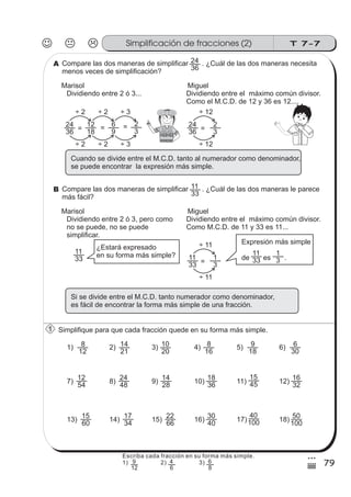 T 7-7Simplificación de fracciones (2)
79
3
)
Compare las dos maneras de simplificar . ¿Cuál de las dos maneras necesita
menos veces de simplificación? 36
24A
Marisol Miguel
18
12
Dividiendo entre 2 ó 3...
=
9
6 =
3
2
36
24
= 3
2
Dividiendo entre el máximo común divisor.
Como el M.C.D. de 12 y 36 es 12....
÷ 3
÷ 3
36
24
=
÷ 2
÷ 2
÷ 2
÷ 2
÷ 12
÷ 12
Cuando se divide entre el M.C.D. tanto al numerador como denominador,
se puede encontrar la expresión más simple.
Compare las dos maneras de simplificar . ¿Cuál de las dos maneras le parece
más fácil? 33
11B
Marisol Miguel
Dividiendo entre 2 ó 3, pero como
no se puede, no se puede
simplificar.
33
11
= 3
1
Dividiendo entre el máximo común divisor.
Como M.C.D. de 11 y 33 es 11...
33
11
÷ 11
÷ 11
Si se divide entre el M.C.D. tanto numerador como denominador,
es fácil de encontrar la forma más simple de una fracción.
¿Estará expresado
en su forma más simple?
Expresión más simple
de es .3
1
33
11
Simplifique para que cada fracción quede en su forma más simple.1
1) 2) 3) 4) 5) 6)
7) 8) 9) 10) 11) 12)
12
8
21
14
20
10
16
8
18
9
36
18
45
15
30
6
32
16
28
14
48
24
54
12
13) 14) 15) 16) 17) 18)
40
30
100
40
100
50
66
22
34
17
60
15
Escriba cada fracción en su forma más simple.
1) 2) 3)
12
9
6
4
8
6
 