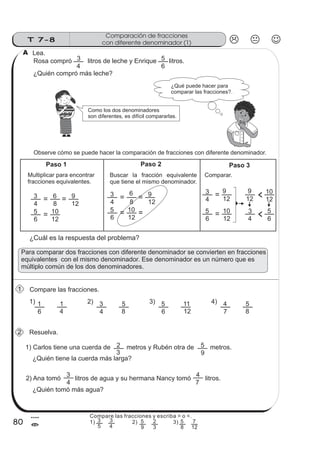 T 7-8
Comparación de fracciones
con diferente denominador (1)
80
4
=
Rosa compró
¿Quién compró más leche?
4
3 litros de leche y Enrique
6
5 litros.
¿Qué puede hacer para
comparar las fracciones?.
Observe cómo se puede hacer la comparación de fracciones con diferente denominador.
Para comparar dos fracciones con diferente denominador se convierten en fracciones
equivalentes con el mismo denominador. Ese denominador es un número que es
múltiplo común de los dos denominadores.
Paso 1
Multiplicar para encontrar
fracciones equivalentes.
4
3
8
6
=
12
9
=
6
5
12
10
=
Paso 2
Buscar la fracción equivalente
que tiene el mismo denominador.
Paso 3
Comparar.
4
3
12
9
=
6
5
12
10
=
12
9
12
10
4
3
6
5
Compare las fracciones.
6
1
4
11)
4
3
8
52)
6
5
12
113)
7
4
8
54)
Resuelva.
1) Carlos tiene una cuerda de metros y Rubén otra de metros.
¿Quién tiene la cuerda más larga?
3
2
9
5
2) Ana tomó litros de agua y su hermana Nancy tomó litros.
4
3
7
4
¿Quién tomó más agua?
Lea.
4
3
8
6
=
12
9
=
6
5
12
10
= =
¿Cuál es la respuesta del problema?
Como los dos denominadores
son diferentes, es difícil compararlas.
A
1
2
z
ss
ss
ss
zz
zz
zz
zz
gg
gg
ss
ss
ss
zz
zz
zz
zz
gg
gg
ss
ss
s
zz
zz
zz
gg
gg
ss
ss
ss
zz
zz
zz
zz
gg
gg
ss
ss
ss
zz
zz
zz
zz
gg
gg
ss
ss
ss
zz
zz
zz
zz
gg
gg
ss
zz
gg
gg
ss
ss
ss
zz
zz
zz
gg
gg
ss
ss
ss
zz
zz
zz
zz
gg
gg
ss
sszz
zz
gg
gg
ss
ss
ss
zz
zz
zz
zz
gg
gg
ss
ss
ss
zz
zz
zz
zz
gg
gg
ss
zz
zz
gg
gg
ss
ss
ss
zz
zz
zz
gg
gg
ss
ss
ss
zz
zz
zz
zz
gg
gg
ss
zz
zz
gg
gg
ss
ss
ss
zz
zz
zz
gg
gg
ss
ss
ss
zz
zz
zz
zz
gg
gg
zz
gg
gg
ss
ss
ss
zz
zz
zz
zz
gg
gg
Compare las fracciones y escriba > o <.
1) 2) 3)
5
3
4
3
9
5
3
2
8
5
12
7
 