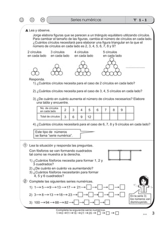 T 1-1Series numéricas
33
Lea y observe.
Jorge elabora figuras que se parecen a un triángulo equilátero utilizando círculos.
Para cambiar el tamaño de las figuras, cambia el número de círculos en cada lado.
¿Cuántos círculos necesitará para elaborar una figura triangular en la que el
número de círculos en cada lado es 2, 3, 4, 5, 6, 7, 8 y 9?
A
2 círculos
en cada lado
3 círculos
en cada lado
4 círculos
en cada lado
5 círculos
en cada lado
.....................
Responda.
1) ¿Cuántos círculos necesita para el caso de 2 círculos en cada lado?
2) ¿Cuántos círculos necesita para el caso de 3, 4, 5 círculos en cada lado?
3) ¿De cuánto en cuánto aumenta el número de círculos necesarios? Elabore
una tabla y encuentre.
4) ¿Cuántos círculos necesitará para el caso de 6, 7, 8 y 9 círculos en cada lado?
No. de círculos
en cada lado
Total de círculos
2 3 4 5 6 7 8 9
3 6 9 12
Este tipo de números
se llama “serie numérica”.
Lea la situación y responda las preguntas.1
Con fósforos se van formando cuadrados
tal como se muestra a la derecha.
1) ¿Cuántos fósforos necesita para formar 1, 2 y
3 cuadrados?
2) ¿De cuánto en cuánto va aumentando?
3) ¿Cuántos fósforos necesitarán para formar
4, 5 y 6 cuadrados?
Complete las siguientes series numéricas.2
1) 1 5 9 13 17 21
2) 3 8 13 18 23
3) 100 94 88 82
En la serie 3)
los números van
disminuyendo.
Complete la siguiente serie numérica.
1 6 11 16 21 26
 