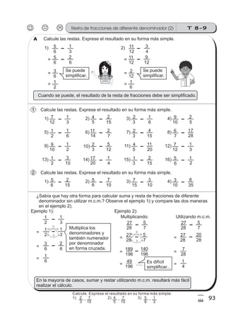 T 8-9Resta de fracciones de diferente denominador (2)
93
4
#
Calcule las restas. Exprese el resultado en su forma más simple.A
6 6
= 5 2
12 4
2) 11 3
6 3
1) 5 1
=
6
= 3=
2
= 1=
12 12
= 11 9
=
12
= 2=
6
= 1=
Se puede
simplificar.
Se puede
simplificar.
Cuando se puede, debe simplifica .el resultado de la resta de fracciones ser do
Calcule las restas. Exprese el resultado en su forma más simple.1
12 3
1) 7 1
5 15
2) 4 2
3 6
3) 2 1
10 5
4) 9 2
2 6
5) 1 1
14 7
6) 11 2
3 15
7) 2 4
7 28
8) 6 17
10 2
9) 9 1
3 12
10) 2 5
5 20
11) 4 11
12 3
12) 7 1
2 10
13) 1 3
20 4
14) 17 1
3 15
15) 1 2
6 2
16) 5 1
Calcule las restas. Exprese el resultado en su forma más simple.2
6 15
1) 5 2
6 10
2) 5 7
15 10
3) 7 3
10 35
4) 3 8
¿Sabía que hay otra forma para calcular suma y resta de fracciones de diferente
denominador sin utilizar m.c.m.? Observe el ejemplo 1) y compare las dos maneras
en el ejemplo 2).
Ejemplo 1):
2 3
1 1
=
2 3
1 1
x
x
=
6 6
3 2
=
6
1
Multiplica los
denominadores y
también numerador
por denominador
en forma cruzada.
Ejemplo 2):
28 7
27 5
=
28 7
27 5
x
x
=
196 196
189 140
=
196
49
28 7
27 5
=
28 28
27 20
=
28
7
=
4
1
Multiplicando: Utilizando m.c.m.
..... Es difícil
simplificar...
En la mayoría de casos, sumar y restar utilizando m.c.m. resultará más fácil
realizar el cálculo.
Calcule. Exprese el resultado en su forma más simple.
1) 2) 3)
3
2
15
7
-
5
4
15
7
-
6
5
3
1
-
 