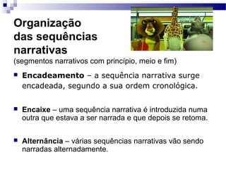 Organização
das sequências
narrativas
(segmentos narrativos com princípio, meio e fim)
 Encadeamento – a sequência narrativa surge
encadeada, segundo a sua ordem cronológica.
 Encaixe – uma sequência narrativa é introduzida numa
outra que estava a ser narrada e que depois se retoma.
 Alternância – várias sequências narrativas vão sendo
narradas alternadamente.
 