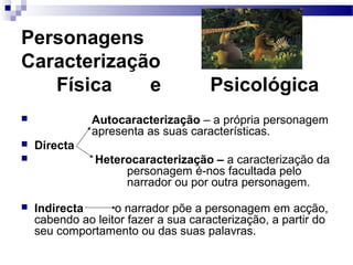 Personagens
Caracterização
Física e Psicológica
 Autocaracterização – a própria personagem
apresenta as suas características.
 Directa
 Heterocaracterização – a caracterização da
personagem é-nos facultada pelo
narrador ou por outra personagem.
 Indirecta o narrador põe a personagem em acção,
cabendo ao leitor fazer a sua caracterização, a partir do
seu comportamento ou das suas palavras.
 