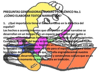 PREGUNTAS GENERADORAS NUCLEO PROBLÉMICO No.1
¿CÓMO ELABORAR TEXTOS NARRATIVOS?

1. ¿Qué importancia tiene el texto narrativo en la didáctica del
español?
Los hechos o acontecimientos que componen el texto narrativo se
desarrollan en un tiempo y en un espacio que pueden ser reales o
virtuales, existen diversas formas de presentar ideas o acontecimientos.
Cuando la finalidad del texto es contar o narrar acontecimientos en los
que intervienen personajes, tenemos un texto narrativo. Es por esto que
la narrativa es tan importante no solo para el español, sino para todas
las lenguas del mundo, puesto que con ella engrandecemos nuestro
pensamiento, desarrollamos expresión y construimos cultura que en un
determinado momento se transformara en tradición.
 