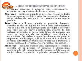 MODOS DE REPRESENTAÇÃO DO DISCURSO
     Numa narrativa, o discurso pode representar-se ,
 organizar-se, expressar-se de diversos modos.
Narração – utiliza-se quando se pretende relatar os factos
 fazendo avançar, evoluir a ação. Normalmente, destacam-
 se os verbos de movimento no presente e no retérito
 perfeito.
Descrição – utiliza-se quando se pretende descrever,
 apresentar algo ou alguém de forma mais pormenorizada.
 Faz-se uma pausa na narração para dar lugar à descrição,
 que pode ser um breve apontamento, através de uma
 palavra, expressão ou texto mais longo. As palavras que
 mais se destacam são os adjetivos, que ajudam a
 caracterizar. Os verbos surgem, geralmente, no pretérito
 imperfeito. Na descrição, verifica-se uma multiplicidade de
 recursos estilísticos, sobretudo a comparação, a metáfora, a
 enumeração, a adjetivação, o valor aspectual dos verbos…
Monólogo – acontece quando uma personagem é locutor e
 receptor de si próprio. O discurso é desordenado,
 condicionado pelo pensamento do emissor, refletindo a sua
 subjetividade. Está escrito na primeira pessoa do singular.
 