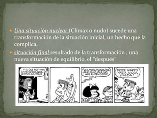  Una situación nuclear (Clímax o nudo) sucede una
transformación de la situación inicial, un hecho que la
complica.
 situación final resultado de la transformación , una
nueva situación de equilibrio, el “después”
 