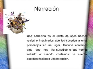Narración



Una narración es el relato de unos hechos
reales o imaginarios que les suceden a unos
personajes en un lugar. Cuando contamos
algo   que   nos   ha sucedido o que hemos
soñado   o   cuando   contamos    un   cuento,
estamos haciendo una narración.
 