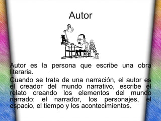 Autor



Autor es la persona que escribe una obra
literaria.
Cuando se trata de una narración, el autor es
el creador del mundo narrativo, escribe el
relato creando los elementos del mundo
narrado: el narrador, los personajes, el
espacio, el tiempo y los acontecimientos.
 