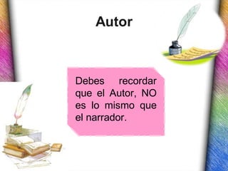 Autor



Debes recordar
que el Autor, NO
es lo mismo que
el narrador.
 