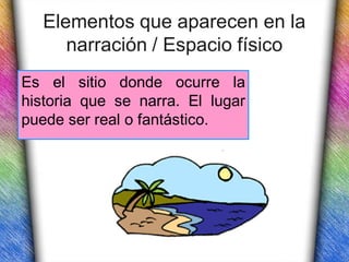 Elementos que aparecen en la
     narración / Espacio físico
Es el sitio donde ocurre la
historia que se narra. El lugar
puede ser real o fantástico.
 