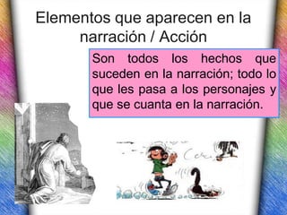 Elementos que aparecen en la
     narración / Acción
       Son todos los hechos que
       suceden en la narración; todo lo
       que les pasa a los personajes y
       que se cuanta en la narración.
 
