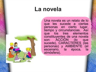La novela
   Una novela es un relato de lo
   que les sucede a ciertas
   personas en cierto lugar,
   tiempo y circunstancias. Así
   que los tres elementos
   constituyentes de una novela
   son:    ACCIÓN     (lo   que
   sucede), CARACTERES (las
   personas) y AMBIENTE (el
   escenario, la época, la
   atmósfera).
 