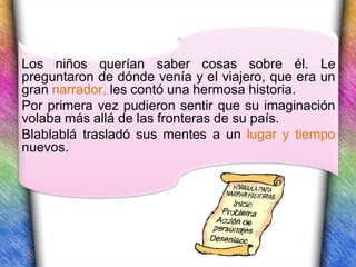 Los niños querían saber cosas sobre él. Le
preguntaron de dónde venía y el viajero, que era un
gran narrador, les contó una hermosa historia.
Por primera vez pudieron sentir que su imaginación
volaba más allá de las fronteras de su país.
Blablablá trasladó sus mentes a un lugar y tiempo
nuevos.
 