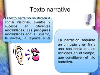 Texto narrativo
El texto narrativo se dedica a
contar historias, eventos y
sucesos      en      diferentes
modalidades. Las principales
modalidades son: El cuento,
la novela, la leyenda y el
                                  La narración requiere
mito.
                                  un principio y un fin y
                                  una secuencia de las
                                  acciones en el tiempo,
                                  que constituyen el hilo
                                  narrativo.
 