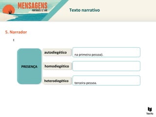 5. Narrador
E
PRESENÇAPRESENÇA
autodiegéticoautodiegético
homodiegéticohomodiegético
heterodiegéticoheterodiegético
na primeira pessoa).
terceira pessoa.
Texto narrativo
 