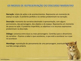 Narração: relato de ações e de acontecimentos. Representa um momento de
avanço na ação. O pretérito perfeito e os verbos predominam na narração.
Descrição: momento da narrativa destinado à apresentação, com alguns
pormenores, das personagens, dos objetos e do espaço. Representa um momento
de pausa na ação. O pretérito imperfeito, os adjetivos e os recursos expressivos
predominam na descrição.
Diálogo: conversa entre duas ou mais personagens. Contribui para o dinamismo
da narrativa – ficamos a saber o que aconteceu, o que está a acontecer ou o que
irá acontecer.
Monólogo: reprodução do pensamento de uma personagem, eventualmente da
sua fala consigo própria.
 