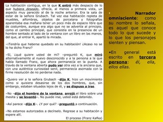 La habitación contigua, en la que K entró más despacio de lo
que hubiera deseado, ofrecía, al menos a primera vista, un
aspecto muy parecido al de la noche anterior. Era la sala de       •            Narrador
estar de la señora Grubach. Tal vez esa habitación repleta de
muebles, alfombras, objetos de porcelana y fotografías             omnisciente:     como
aparentaba esa mañana tener un poco más de espacio libre que       su nombre lo señala,
de costumbre, aunque era algo que no se advertía al principio,
como el cambio principal, que consistía en la presencia de un
                                                                   es aquel que conoce
hombre sentado al lado de la ventana con un libro en las manos,    todo lo que sucede y
del que, al entrar K, apartó la mirada.                            lo que los personajes
–¡Tendría que haberse quedado en su habitación! ¿Acaso no se       sienten y piensan.
lo ha dicho Franz?
                                                                   •En      general  está
–Sí, ¿qué quiere usted de mí? –preguntó K, que miró
alternativamente al nuevo desconocido y a la persona a la que      escrito en tercera
había llamado Franz, que ahora permanecía en la puerta. A          persona:      él, ella,
través de la ventana abierta pudo ver otra vez a la anciana que,
con una auténtica curiosidad senil, permanecía asomada con la
                                                                   ellos ellas.
firme resolución de no perderse nada.

–Quiero ver a la señora Grubach –dijo K, hizo un movimiento
como si quisiera desasirse de los dos hombres, que, sin
embargo, estaban situados lejos de él, y se dispuso a irse.

–No –dijo el hombre de la ventana, arrojó el libro sobre una
mesita y se levantó–. No puede irse, usted está detenido.

–Así parece –dijo K–. ¿Y por qué? –preguntó a continuación.

–No estamos autorizados a decírselo. Regrese a su habitación y
espere allí.
                                      El proceso (Franz Kafka)
 