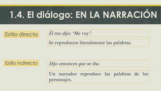 Él me dijo: “Me voy”. 
Estilo directo 
1.4. El diálogo: EN LA NARRACIÓN 
Estilo indirecto 
Dijo entonces que se iba. 
Se reproducen literalmente las palabras. 
Un narrador reproduce las palabras de los personajes. 