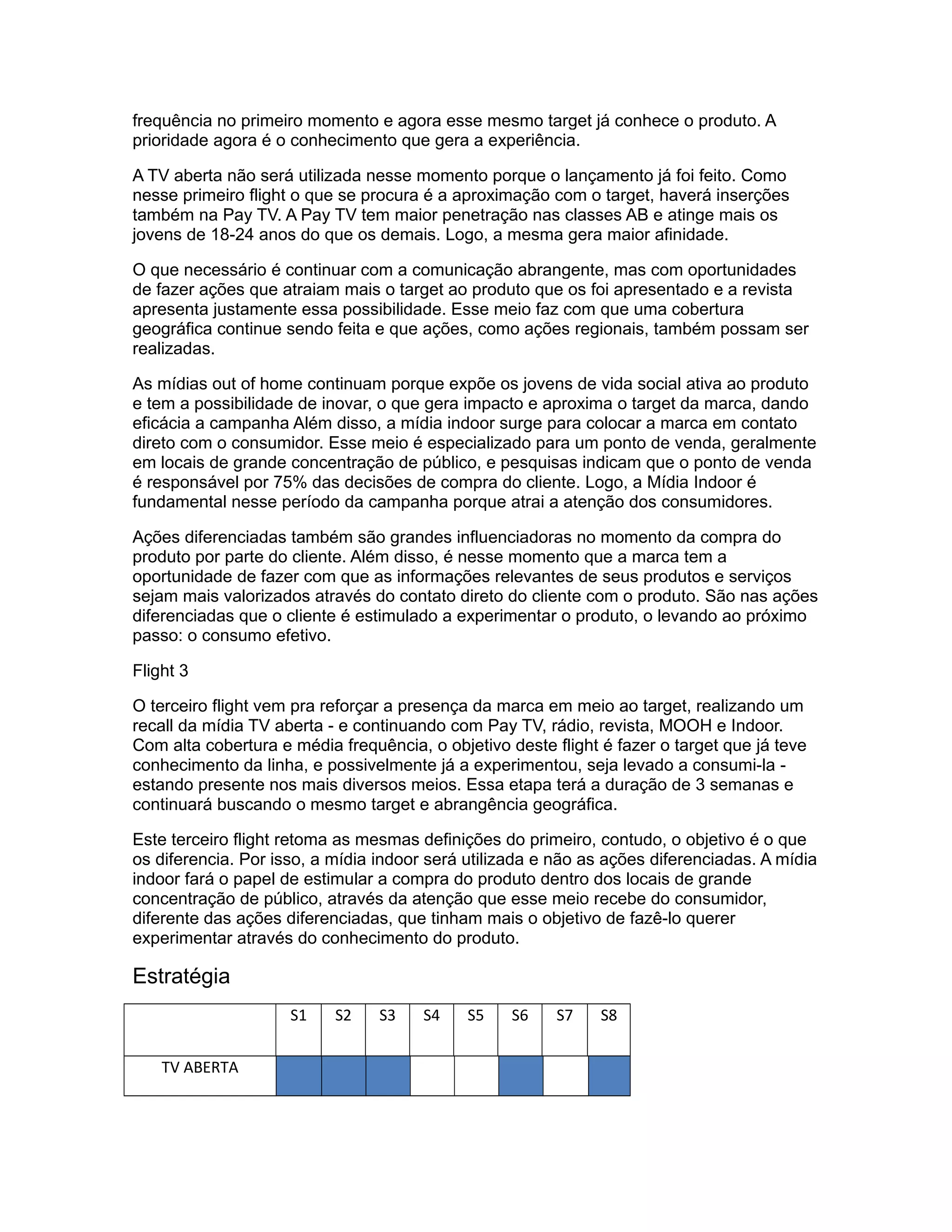 frequência no primeiro momento e agora esse mesmo target já conhece o produto. A
prioridade agora é o conhecimento que gera a experiência.

A TV aberta não será utilizada nesse momento porque o lançamento já foi feito. Como
nesse primeiro flight o que se procura é a aproximação com o target, haverá inserções
também na Pay TV. A Pay TV tem maior penetração nas classes AB e atinge mais os
jovens de 18-24 anos do que os demais. Logo, a mesma gera maior afinidade.

O que necessário é continuar com a comunicação abrangente, mas com oportunidades
de fazer ações que atraiam mais o target ao produto que os foi apresentado e a revista
apresenta justamente essa possibilidade. Esse meio faz com que uma cobertura
geográfica continue sendo feita e que ações, como ações regionais, também possam ser
realizadas.

As mídias out of home continuam porque expõe os jovens de vida social ativa ao produto
e tem a possibilidade de inovar, o que gera impacto e aproxima o target da marca, dando
eficácia a campanha Além disso, a mídia indoor surge para colocar a marca em contato
direto com o consumidor. Esse meio é especializado para um ponto de venda, geralmente
em locais de grande concentração de público, e pesquisas indicam que o ponto de venda
é responsável por 75% das decisões de compra do cliente. Logo, a Mídia Indoor é
fundamental nesse período da campanha porque atrai a atenção dos consumidores.

Ações diferenciadas também são grandes influenciadoras no momento da compra do
produto por parte do cliente. Além disso, é nesse momento que a marca tem a
oportunidade de fazer com que as informações relevantes de seus produtos e serviços
sejam mais valorizados através do contato direto do cliente com o produto. São nas ações
diferenciadas que o cliente é estimulado a experimentar o produto, o levando ao próximo
passo: o consumo efetivo.

Flight 3

O terceiro flight vem pra reforçar a presença da marca em meio ao target, realizando um
recall da mídia TV aberta - e continuando com Pay TV, rádio, revista, MOOH e Indoor.
Com alta cobertura e média frequência, o objetivo deste flight é fazer o target que já teve
conhecimento da linha, e possivelmente já a experimentou, seja levado a consumi-la -
estando presente nos mais diversos meios. Essa etapa terá a duração de 3 semanas e
continuará buscando o mesmo target e abrangência geográfica.

Este terceiro flight retoma as mesmas definições do primeiro, contudo, o objetivo é o que
os diferencia. Por isso, a mídia indoor será utilizada e não as ações diferenciadas. A mídia
indoor fará o papel de estimular a compra do produto dentro dos locais de grande
concentração de público, através da atenção que esse meio recebe do consumidor,
diferente das ações diferenciadas, que tinham mais o objetivo de fazê-lo querer
experimentar através do conhecimento do produto.

Estratégia
                     S1    S2    S3    S4    S5    S6    S7    S8


    TV ABERTA
 